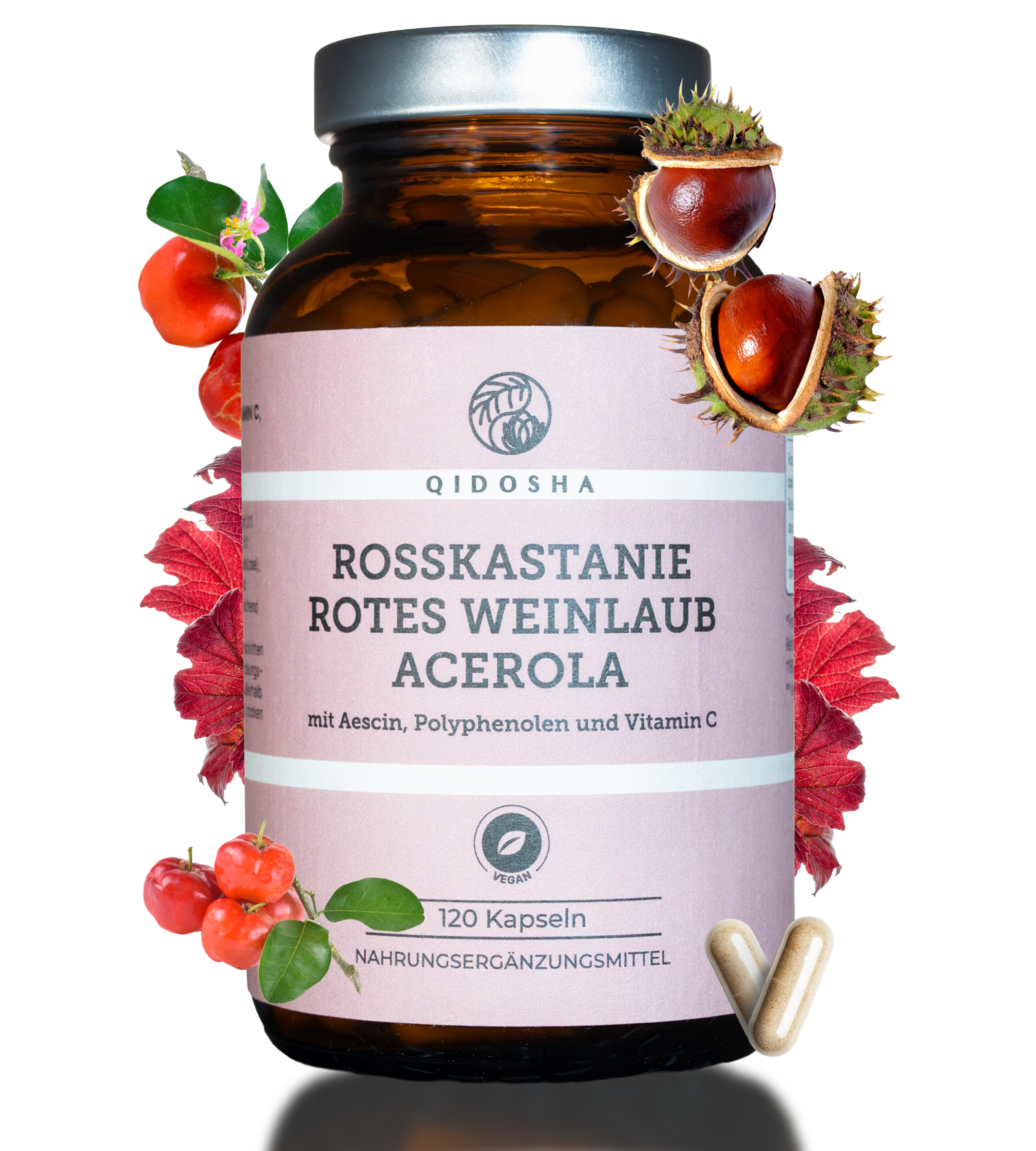 QIDOSHA Premium-Glas mit 120 veganen Kapseln, Rosskastanie, Rotes Weinlaub, Acerola; enthält Aescin, Polyphenole, Vitamin C; ohne Füllstoffe, laborgeprüfte Qualität.