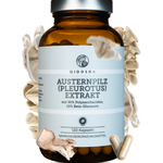 Dunkles Apothekerglas mit Pleurotus (Austernpilz) Extrakt, vegan, 120 Kapseln. Enthält laborgeprüfte Beta-Glucane, ohne Zusatzstoffe, Premium-Qualität von QIDOSHA.