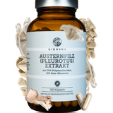 Dunkles Apothekerglas mit Pleurotus (Austernpilz) Extrakt, vegan, 120 Kapseln. Enthält laborgeprüfte Beta-Glucane, ohne Zusatzstoffe, Premium-Qualität von QIDOSHA.