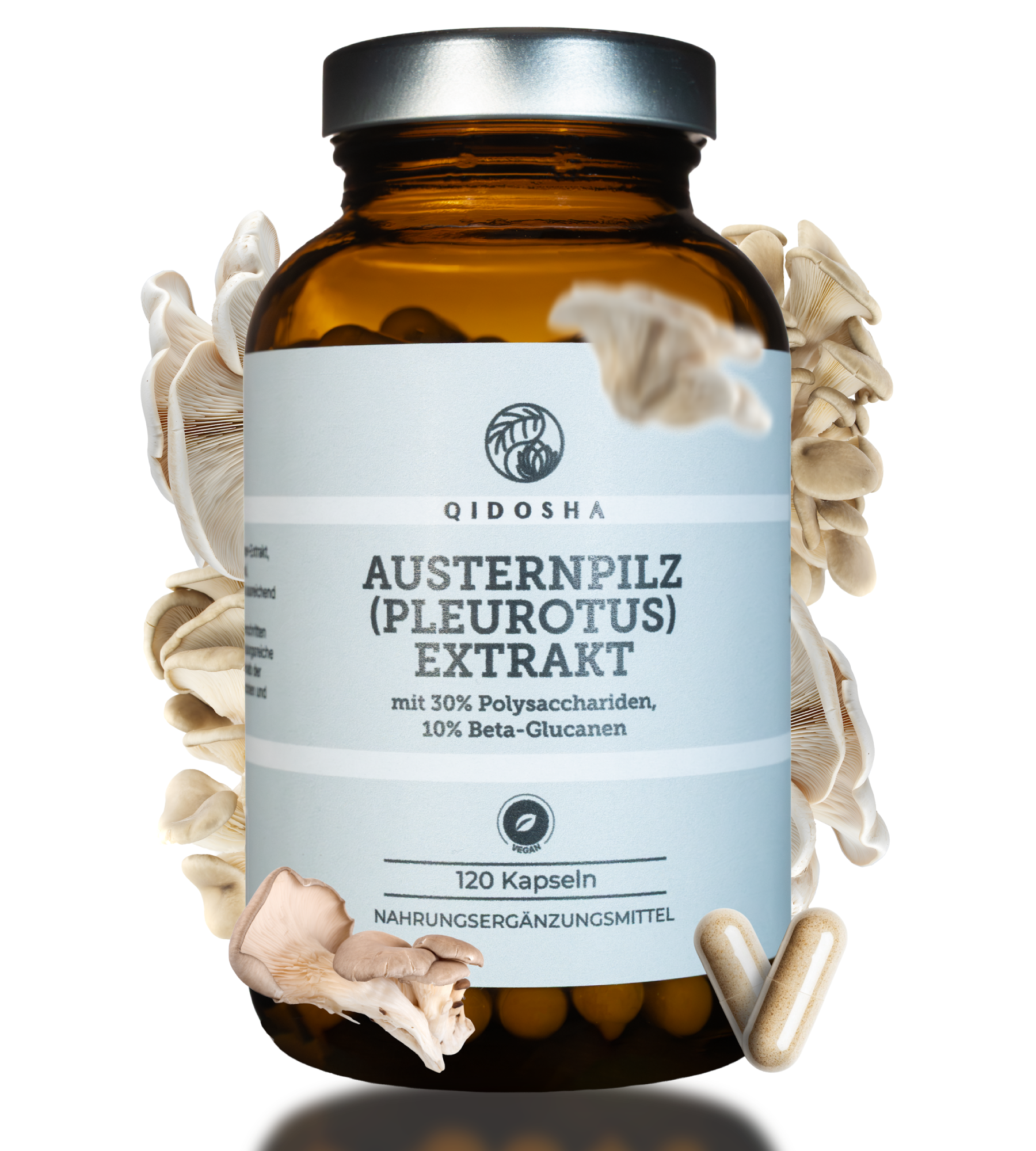 Dunkles Apothekerglas mit Pleurotus (Austernpilz) Extrakt, vegan, 120 Kapseln. Enthält laborgeprüfte Beta-Glucane, ohne Zusatzstoffe, Premium-Qualität von QIDOSHA.