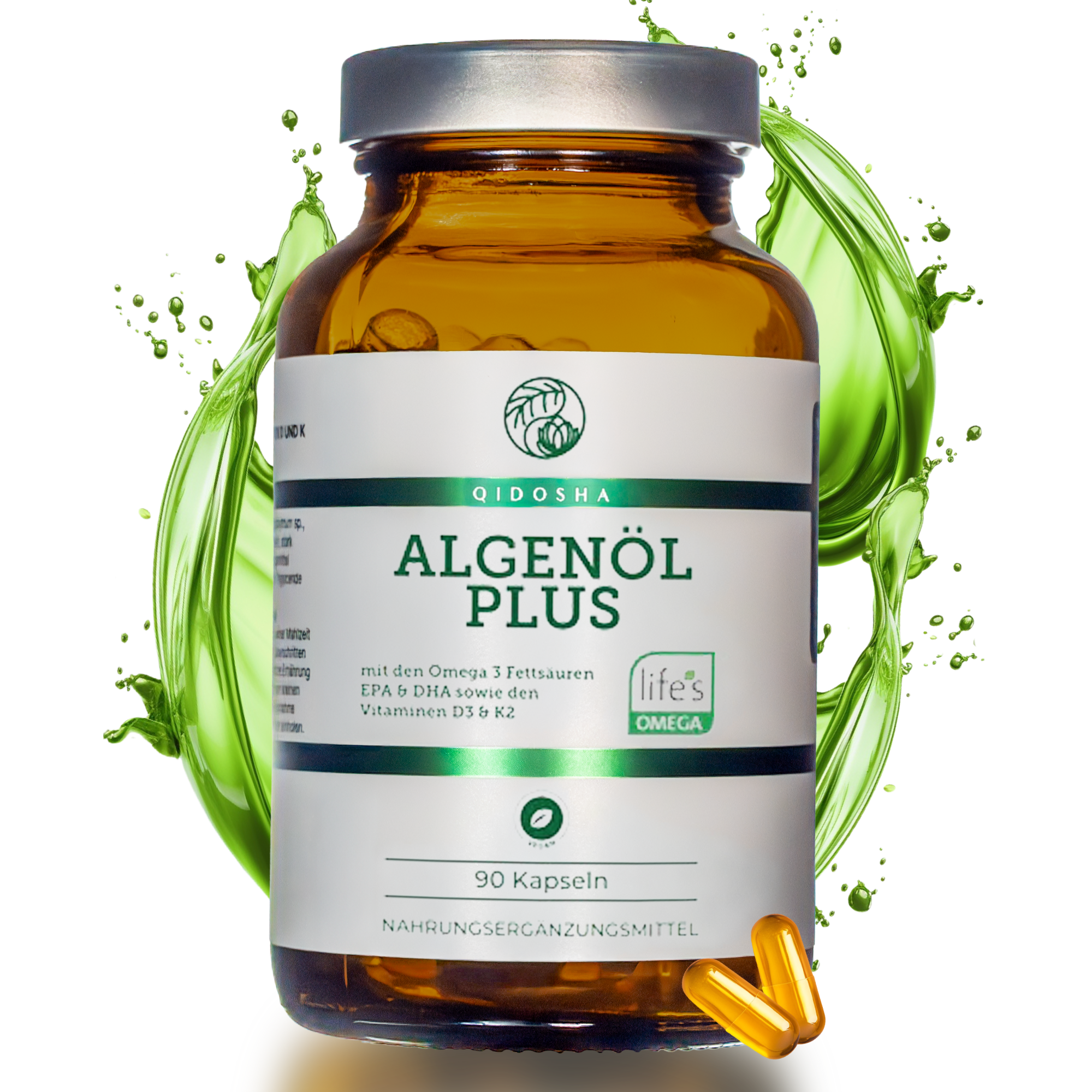 QIDOSHA Algenöl Plus: Premium, veganer Omega-3-Komplex mit Vitaminen D3 und K2, 90 Kapseln. Hohe Qualität, laborgeprüft, ohne Füllstoffe, nachhaltige Glasverpackung.