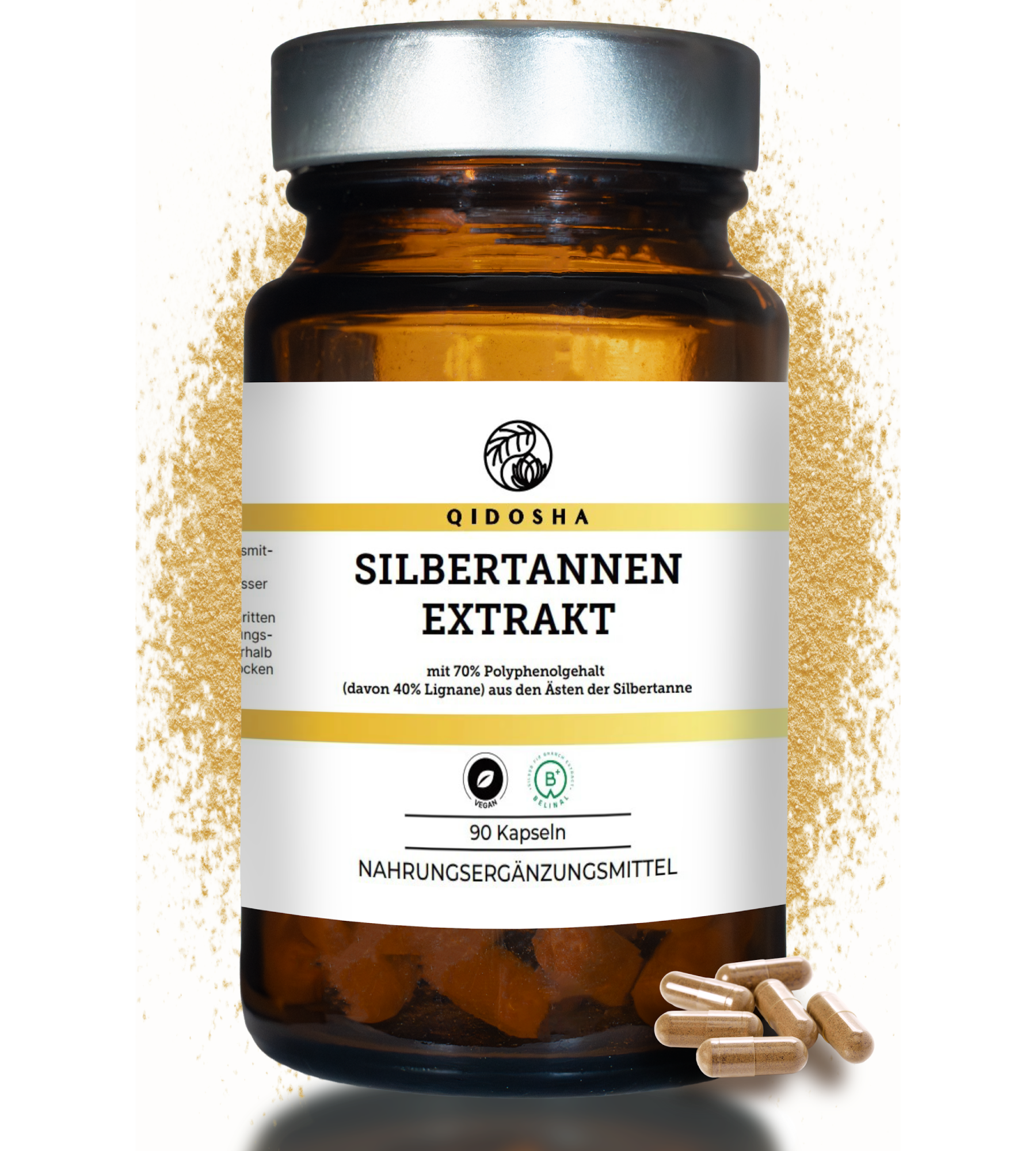 QIDOSHA Silbertannen Extrakt in braunem Glas, 90 vegane Kapseln mit 70% Polyphenolen, laborgeprüfte Qualität, ohne Zusatzstoffe, Premium Nahrungsergänzungsmittel aus Deutschland.