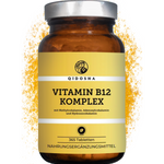 Vitamin B12 Komplex Tabletten in hochwertigem, lichtgeschütztem Braunglas, 365 vegane, laborgeprüfte Premium-Tabletten mit synergistischem B12-Komplex, frei von Zusatzstoffen.