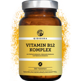 Vitamin B12 Komplex Tabletten in hochwertigem, lichtgeschütztem Braunglas, 365 vegane, laborgeprüfte Premium-Tabletten mit synergistischem B12-Komplex, frei von Zusatzstoffen.