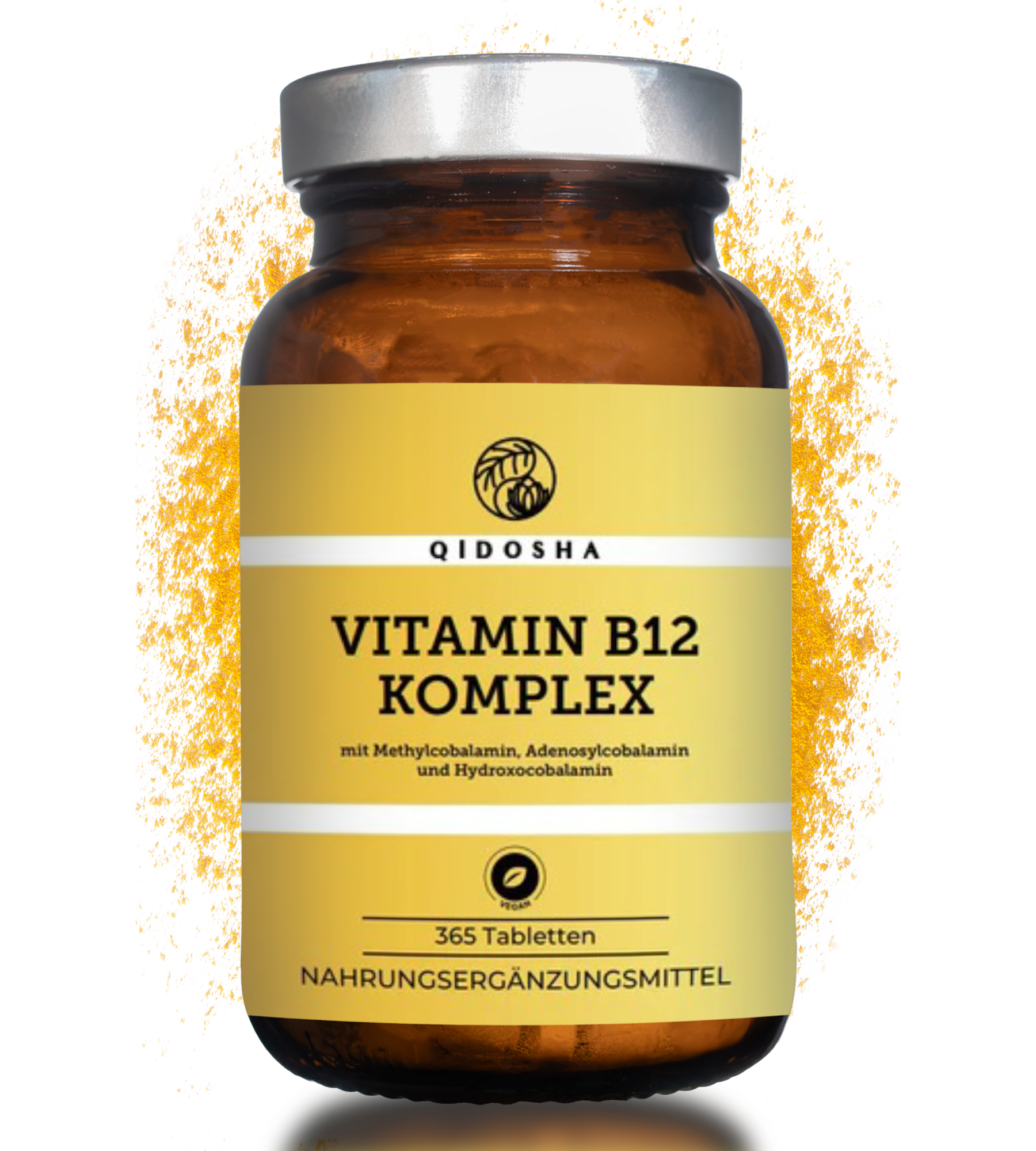 Vitamin B12 Komplex Tabletten in hochwertigem, lichtgeschütztem Braunglas, 365 vegane, laborgeprüfte Premium-Tabletten mit synergistischem B12-Komplex, frei von Zusatzstoffen.