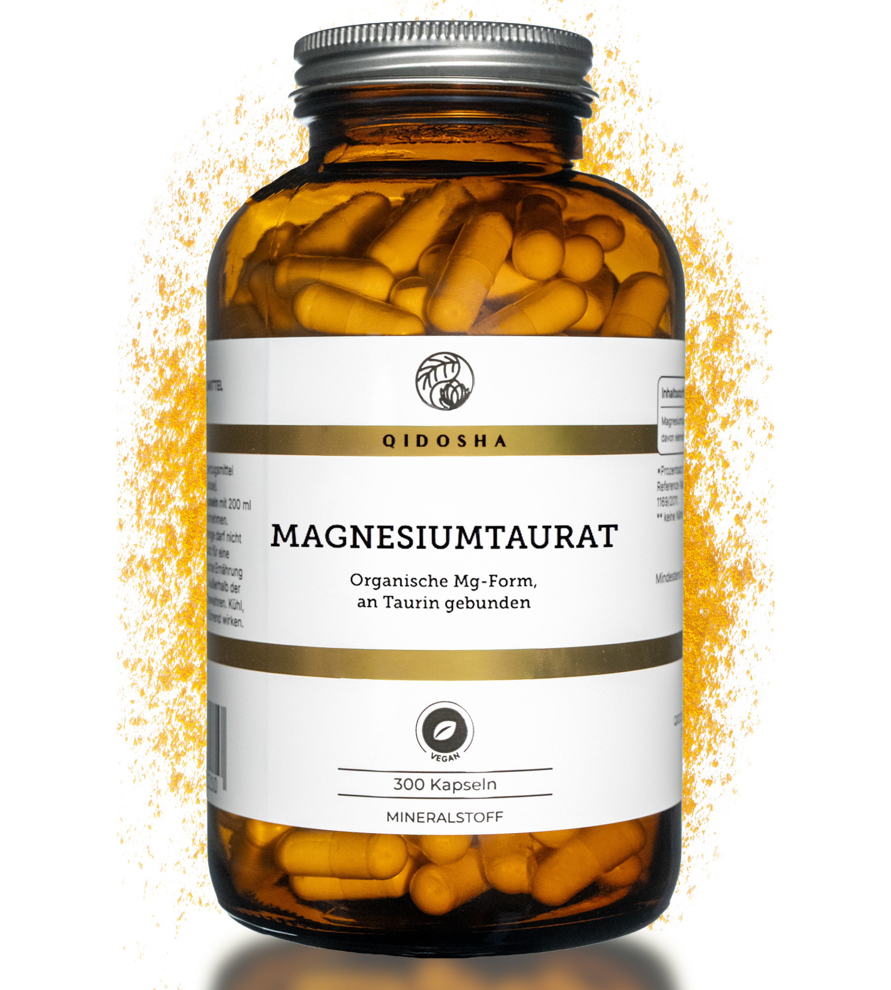 QIDOSHA Magnesium-Taurat: Premium Nahrungsergänzungsmittel in nachhaltigem Glas, 300 vegane Kapseln, laborgeprüft, hohe Bioverfügbarkeit, ohne Zusatzstoffe, aus Deutschland.