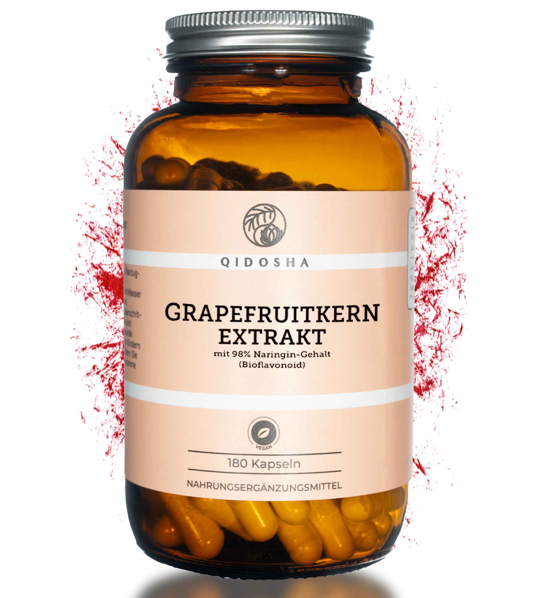 Qidosha Grapefruitkernextrakt in brauner Glasflasche, 180 vegane Kapseln, 98% Naringin, Premium, laborgeprüft, ohne Füllstoffe. Nachhaltige Verpackung.