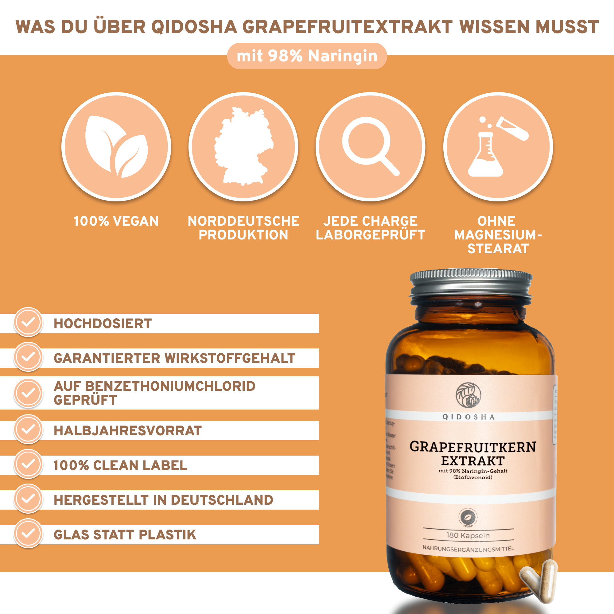 Grapefruitkernextrakt in Premiumqualität: 180 vegane Kapseln, hohe Naringin-Dosierung, laborgeprüft, ohne Zusatzstoffe, in nachhaltigem Glasbehälter, hergestellt in Deutschland.