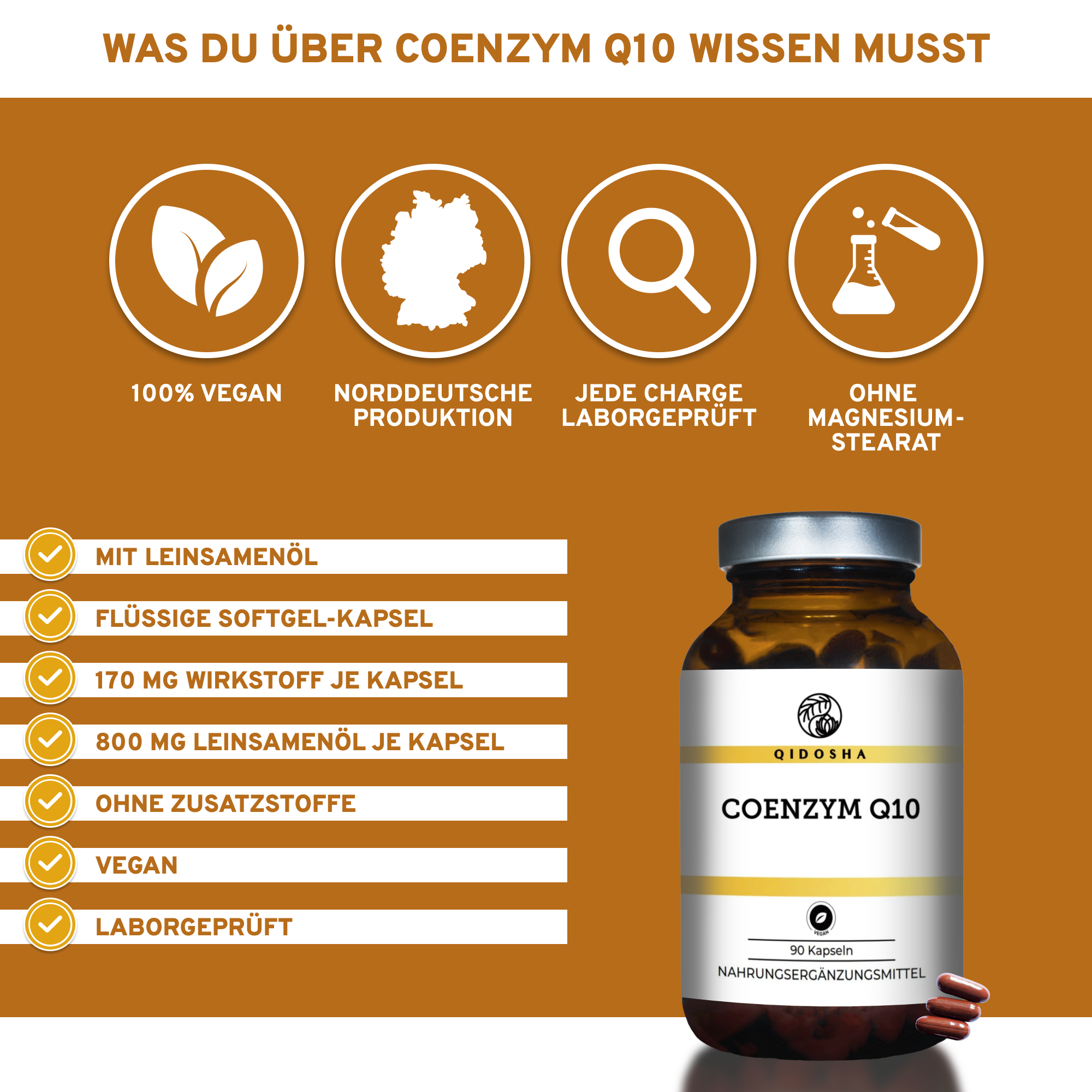 Coenzym Q10 170mg mit Leinsamenöl Softgel-Kapseln von Qidosha: Premium, 100% vegan, laborgeprüft, ohne Zusatzstoffe, hergestellt in Norddeutschland.