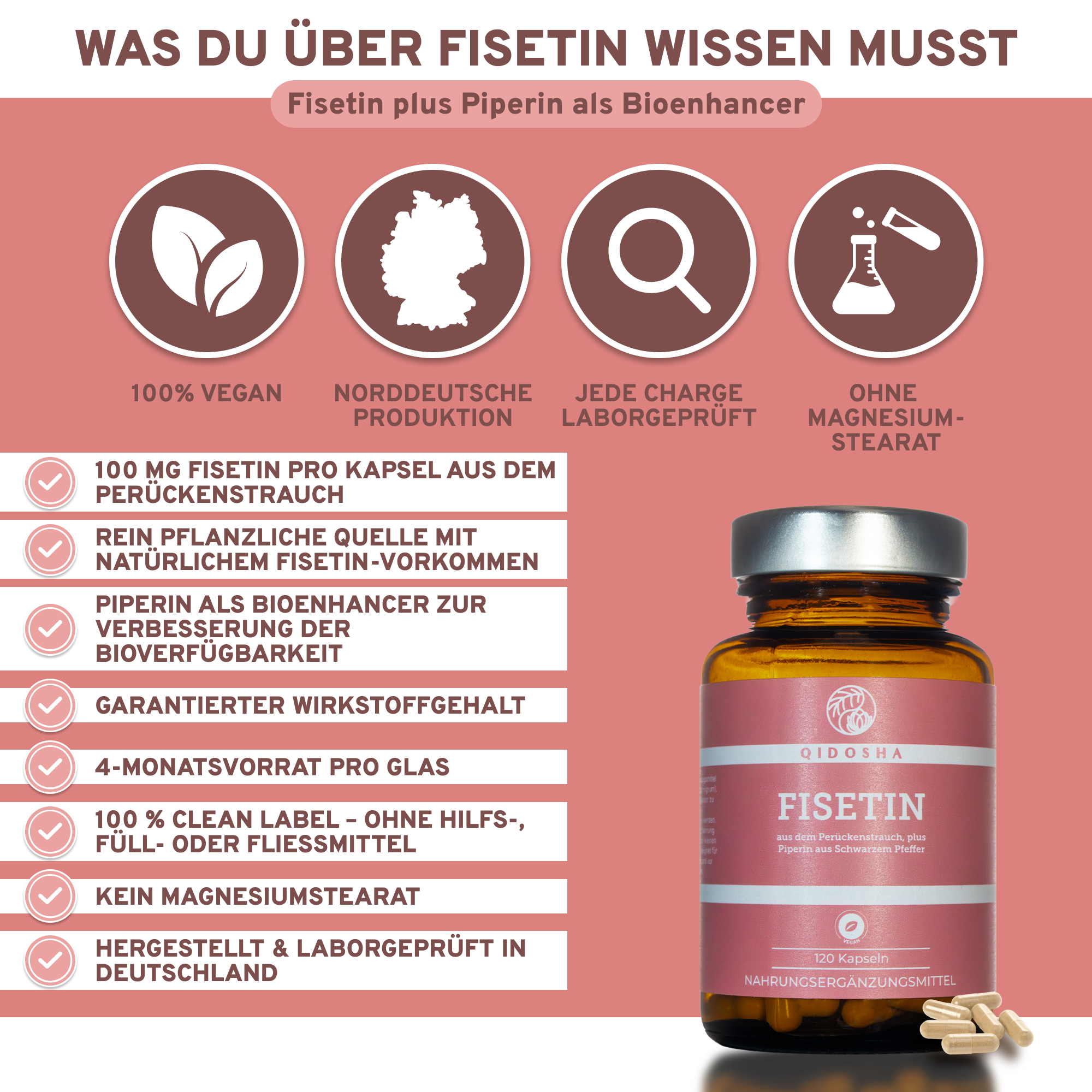 QIDOSHA Fisetin: Premium-Nahrungsergänzungsmittel in Glasflasche, 120 vegane Kapseln mit Fisetin (100 mg) und Piperin. Laborgeprüfte Qualität, ohne Füllstoffe, 4-Monatsvorrat. Made in Germany.