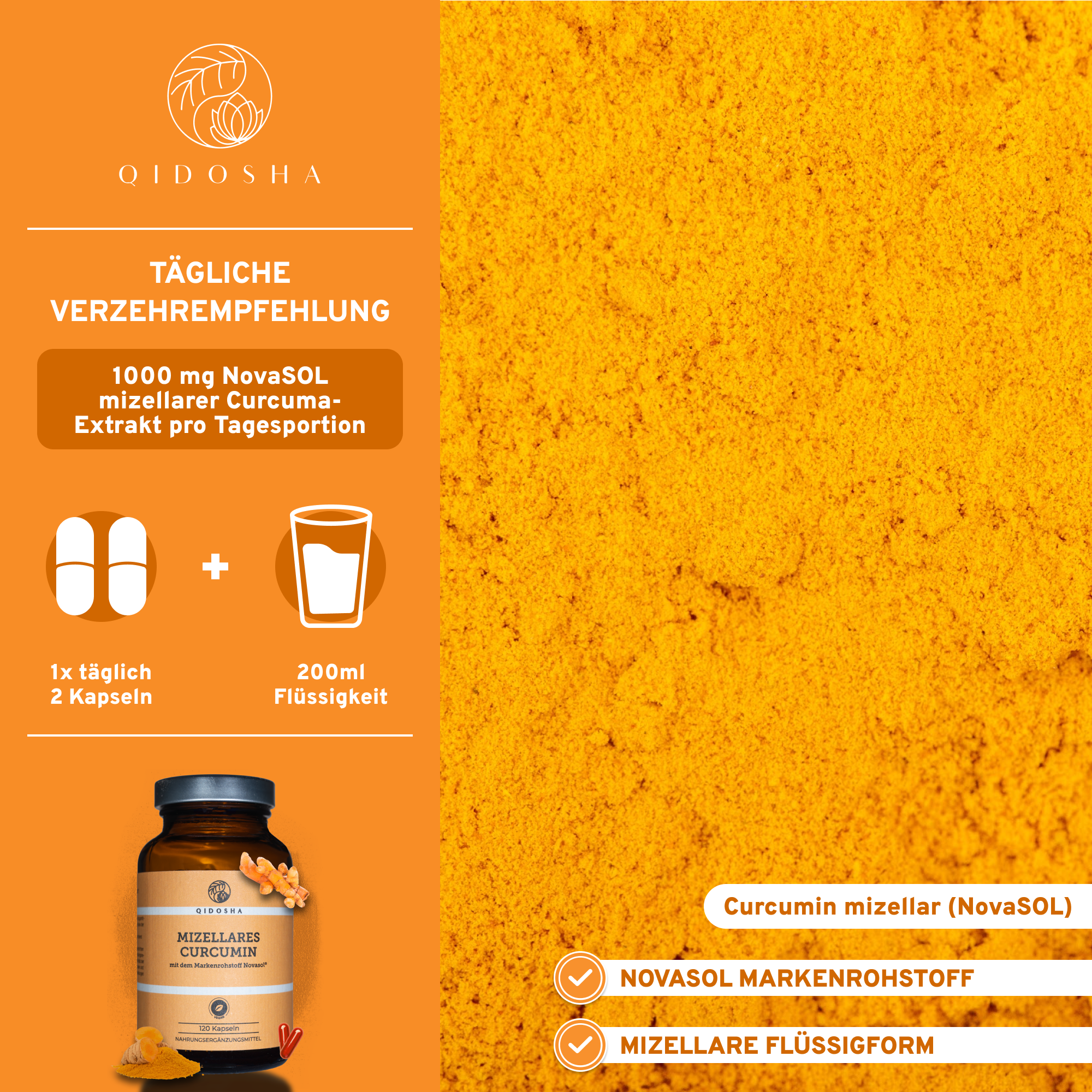 Qidosha Novasol® Curcumin: Premium Mizellarer Kurkuma-Extrakt im braunen Glas (120 Kapseln), hohe Bioverfügbarkeit, laborgeprüft, ohne Zusatzstoffe, für bessere Aufnahme und Qualität.