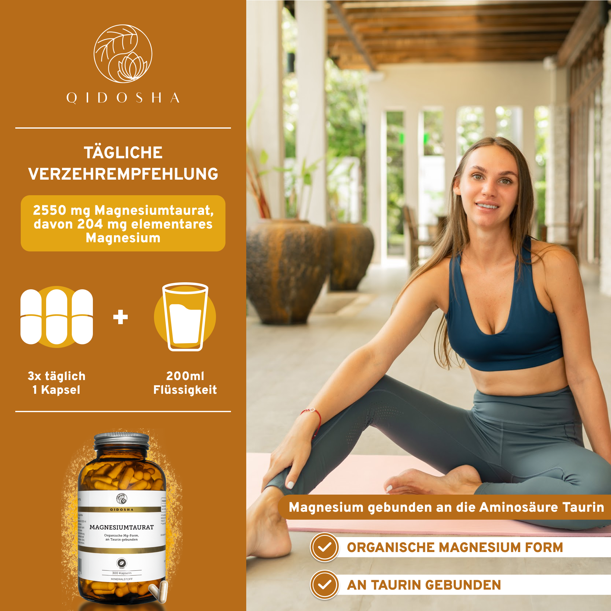 Qidosha Magnesium-Taurat Kapseln: Premium, organische Magnesiumform, an Taurin gebunden, hohe Bioverfügbarkeit, laborgeprüft, ohne Zusatzstoffe, nachhaltige Glasverpackung, ideal für empfindlichen Magen.