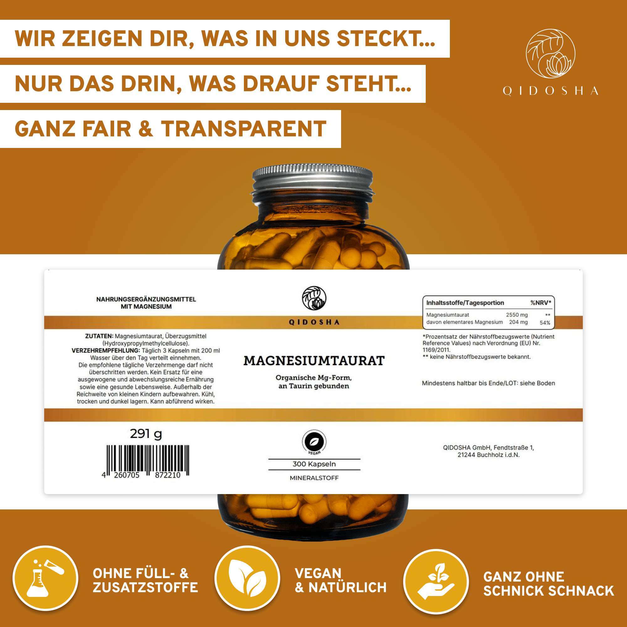QIDOSHA Magnesium-Taurat: Premium-Nahrungsergänzungsmittel, vegan und ohne Füllstoffe, in Glasverpackung. Hohe Bioverfügbarkeit, laborgeprüfte Qualität, 100 Tage Vorrat.