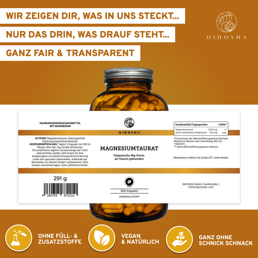 QIDOSHA Magnesium-Taurat: Premium-Nahrungsergänzungsmittel, vegan und ohne Füllstoffe, in Glasverpackung. Hohe Bioverfügbarkeit, laborgeprüfte Qualität, 100 Tage Vorrat.