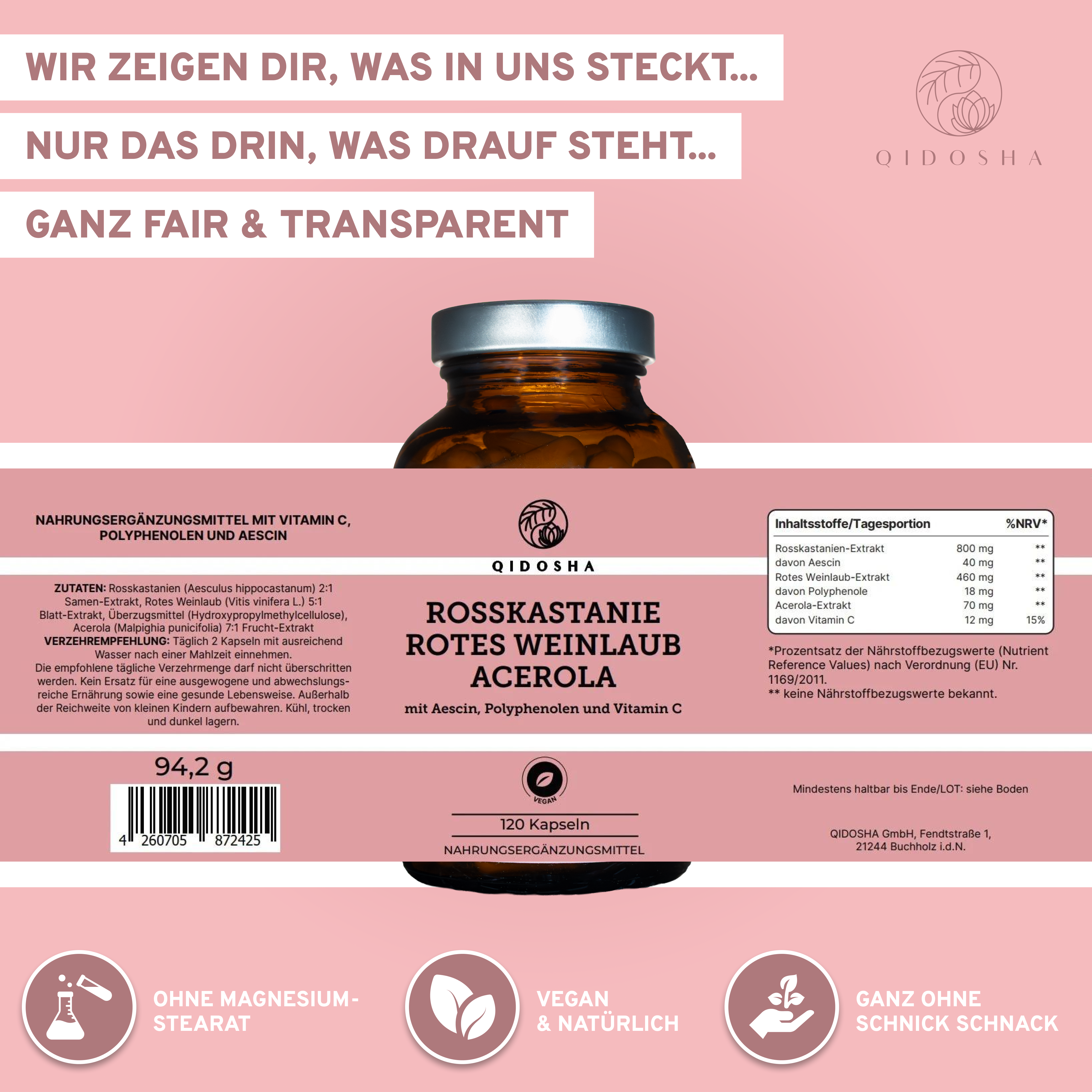 Rosskastanie, Rotes Weinlaub, Acerola Kapseln von QIDOSHA: Premium, laborgeprüfte Qualität ohne Füllstoffe, mit Aescin, Polyphenolen und Vitamin C. Vegan, nachhaltig verpackt im Apothekerglas.