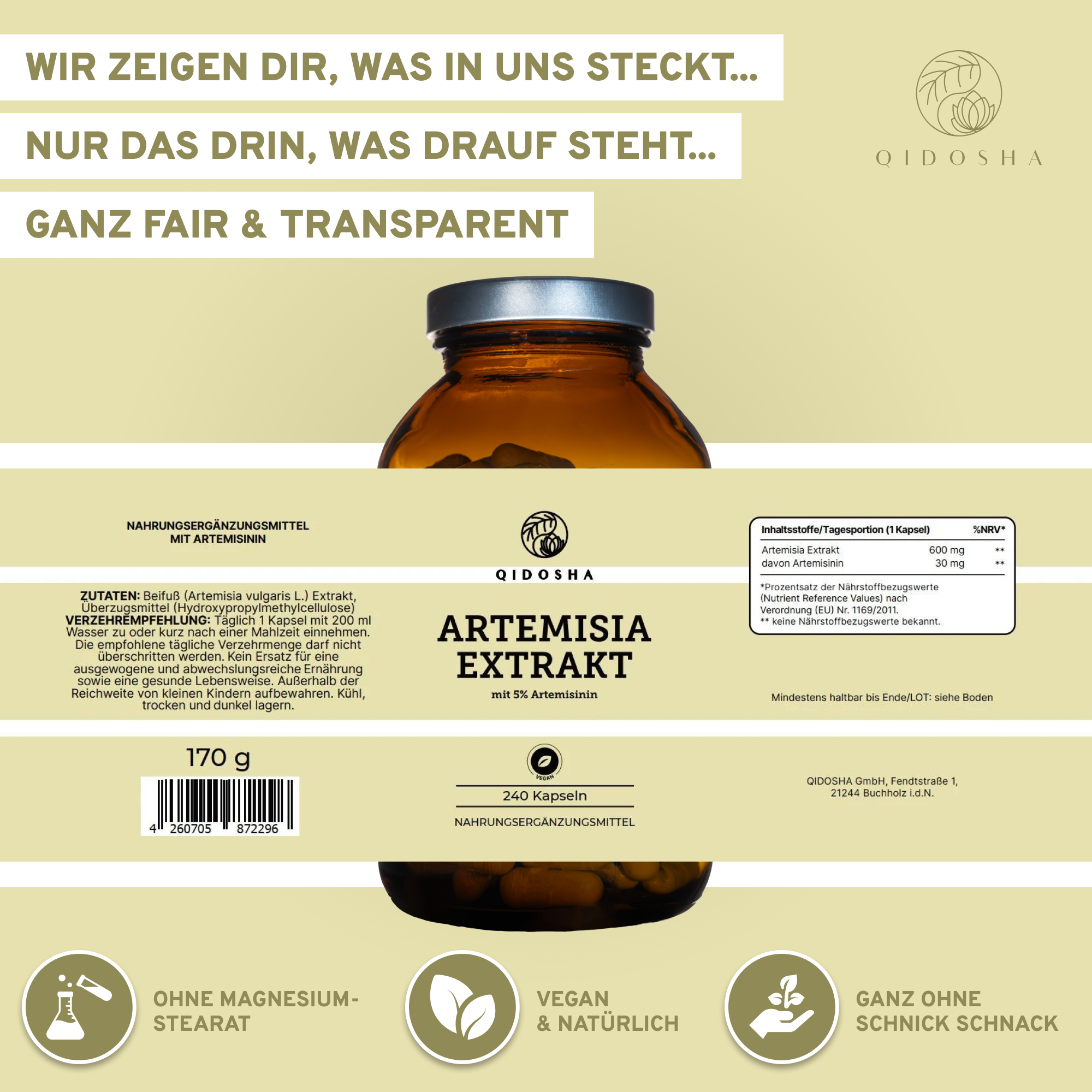 Artemisia Extrakt: Premium, vegane Kapseln mit 5% Artemisinin, ohne Füllstoffe, in Deutschland hergestellt. 240 Stück, laborgeprüfte Qualität, nachhaltige Glasverpackung.