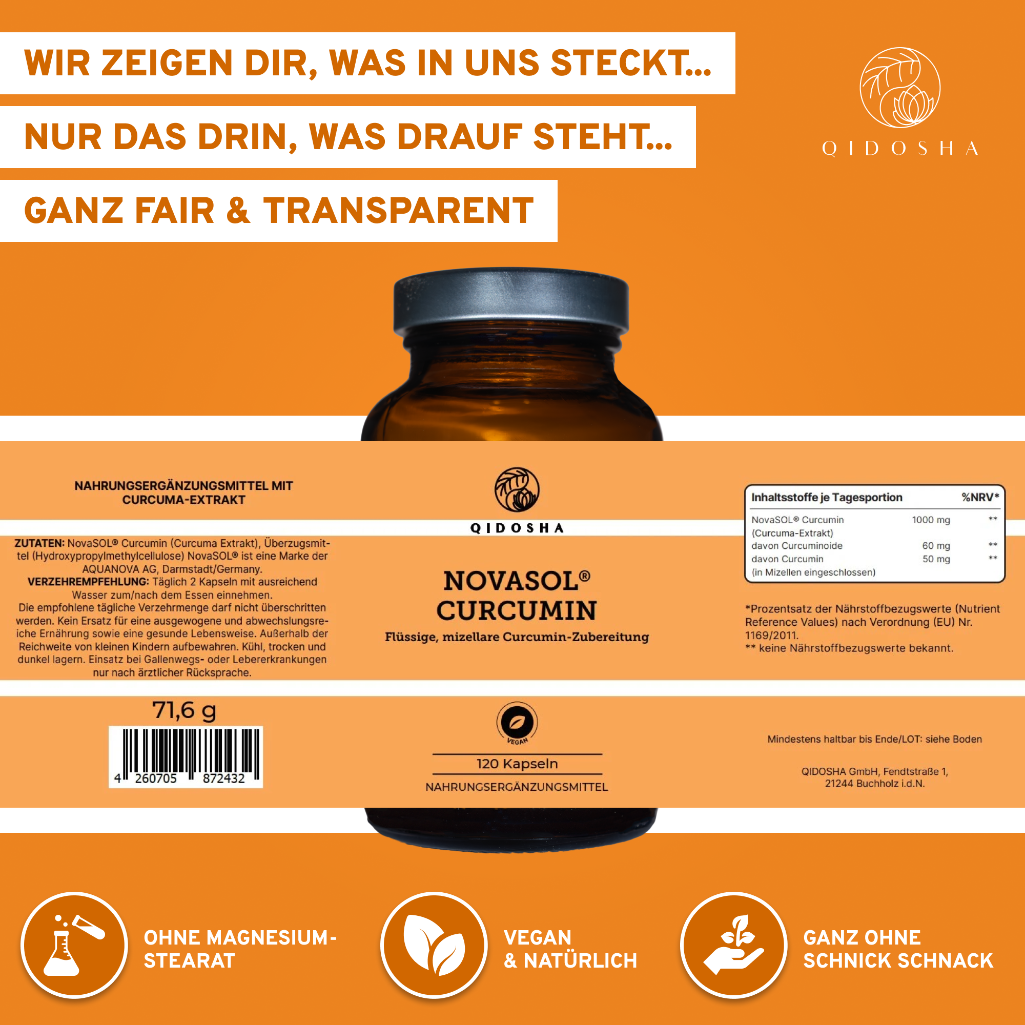 NovaSOL® Curcumin – Premium, mizellarer Kurkuma-Extrakt in braunem Glas für hohe Bioverfügbarkeit. Vegan, laborgeprüft, ohne Zusatzstoffe, hergestellt in Deutschland.