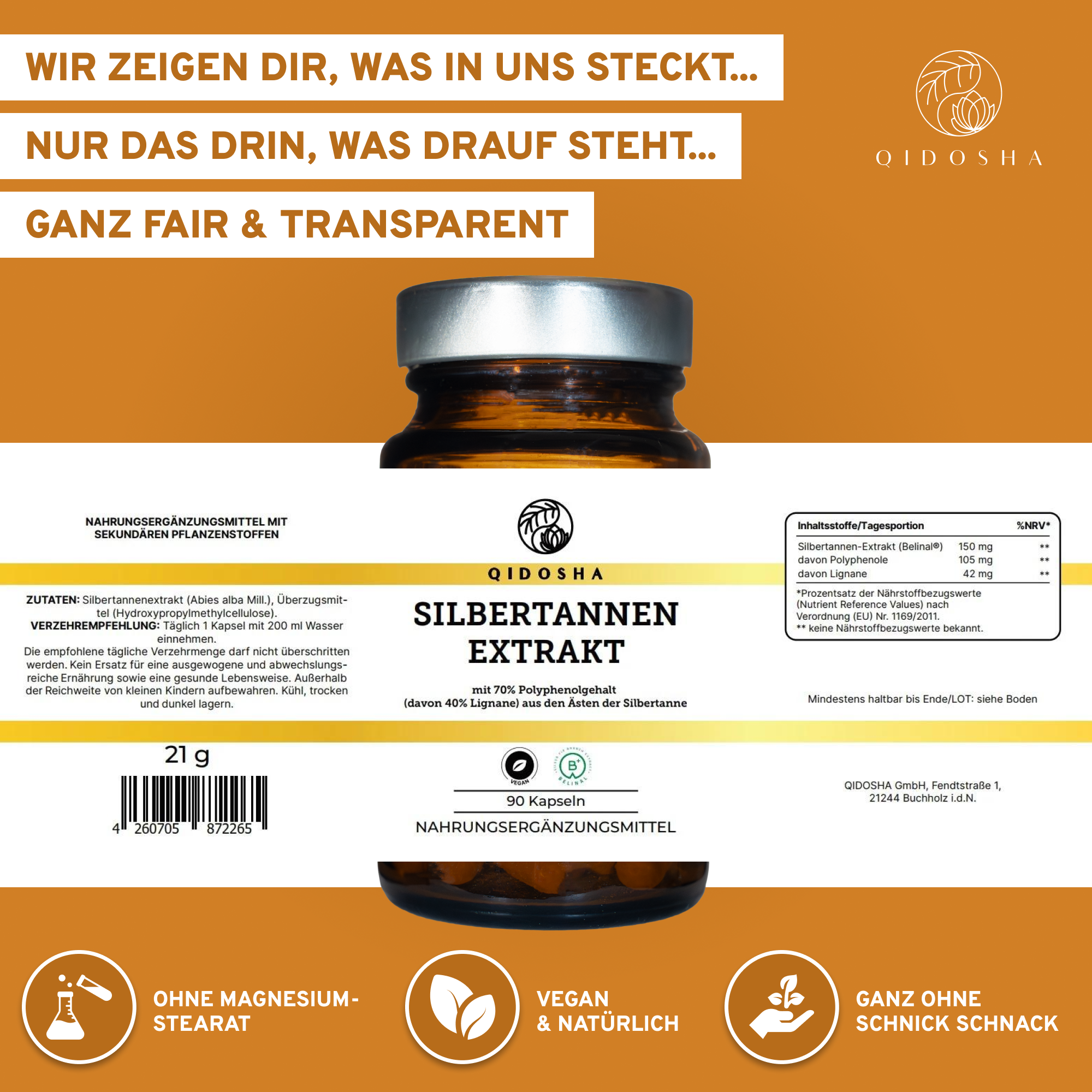 Silbertannen-Extrakt Kapseln von QIDOSHA, Premium-Nahrungsergänzungsmittel, vegan, ohne Füllstoffe, 90 Kapseln, laborgeprüft, hoher Polyphenolgehalt, nachhaltig in Glasflasche verpackt.