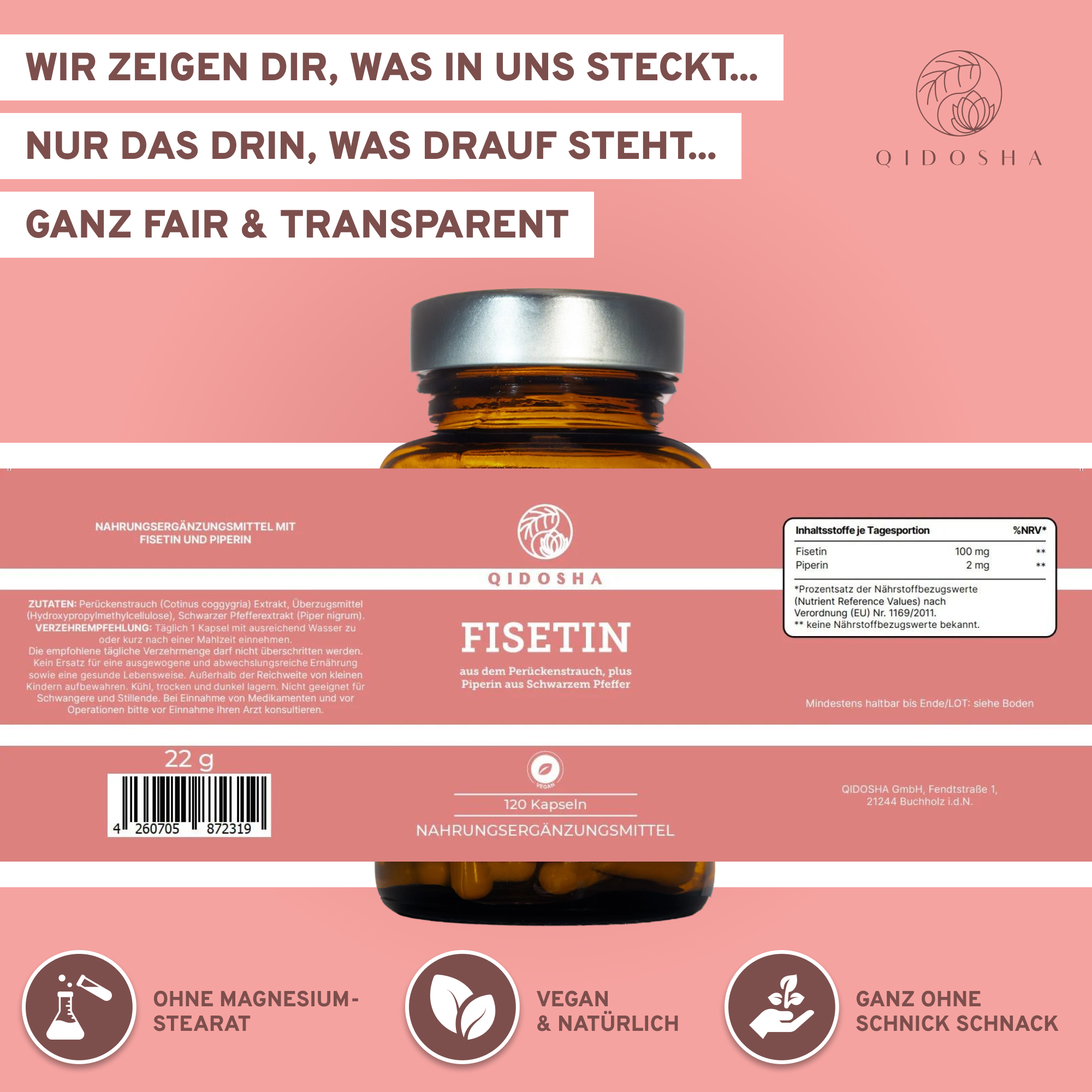 QIDOSHA Fisetin Nahrungsergänzungsmittel: Premium-Glasflasche mit 120 veganen Kapseln, Fisetin aus Cotinus coggygria, Piperin als Bioenhancer, laborgeprüfte, reine Inhaltsstoffe, ohne Zusatzstoffe.