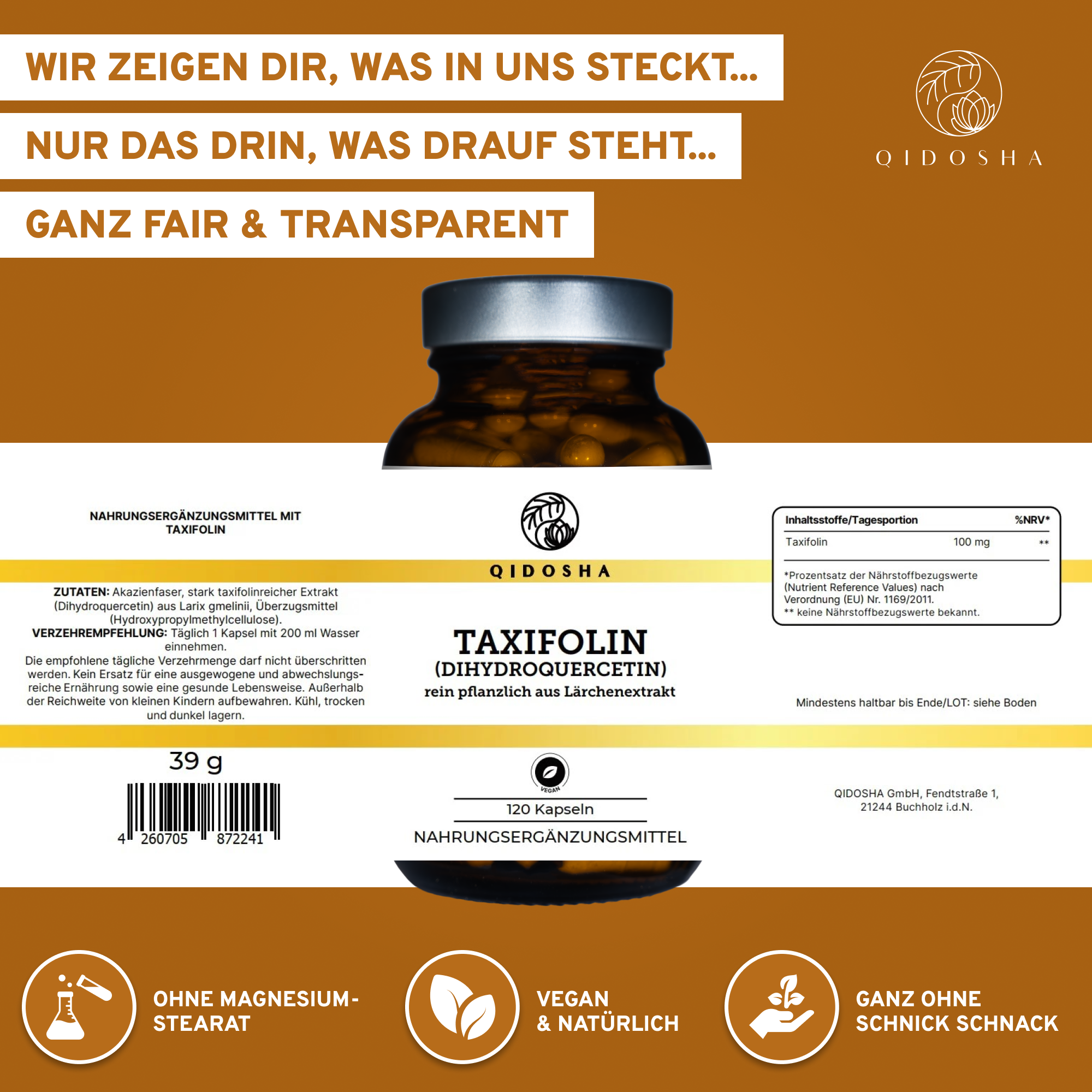 QIDOSHA Taxifolin (Dihydroquercetin) in Premiumqualität, vegan, reine Lärchenextrakt-Kapseln im Braunglas, ohne Zusatzstoffe, hohe labortestierte Reinheit, nachhaltige Verpackung, 120 Kapseln.