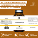 QIDOSHA Coenzym Q10 170mg mit Leinsamenöl, Premium-Softgel-Kapseln, vegan, laborgeprüft, ohne Zusatzstoffe, in nachhaltigem Glasbehälter, für optimale Bioverfügbarkeit und hohe Qualität.