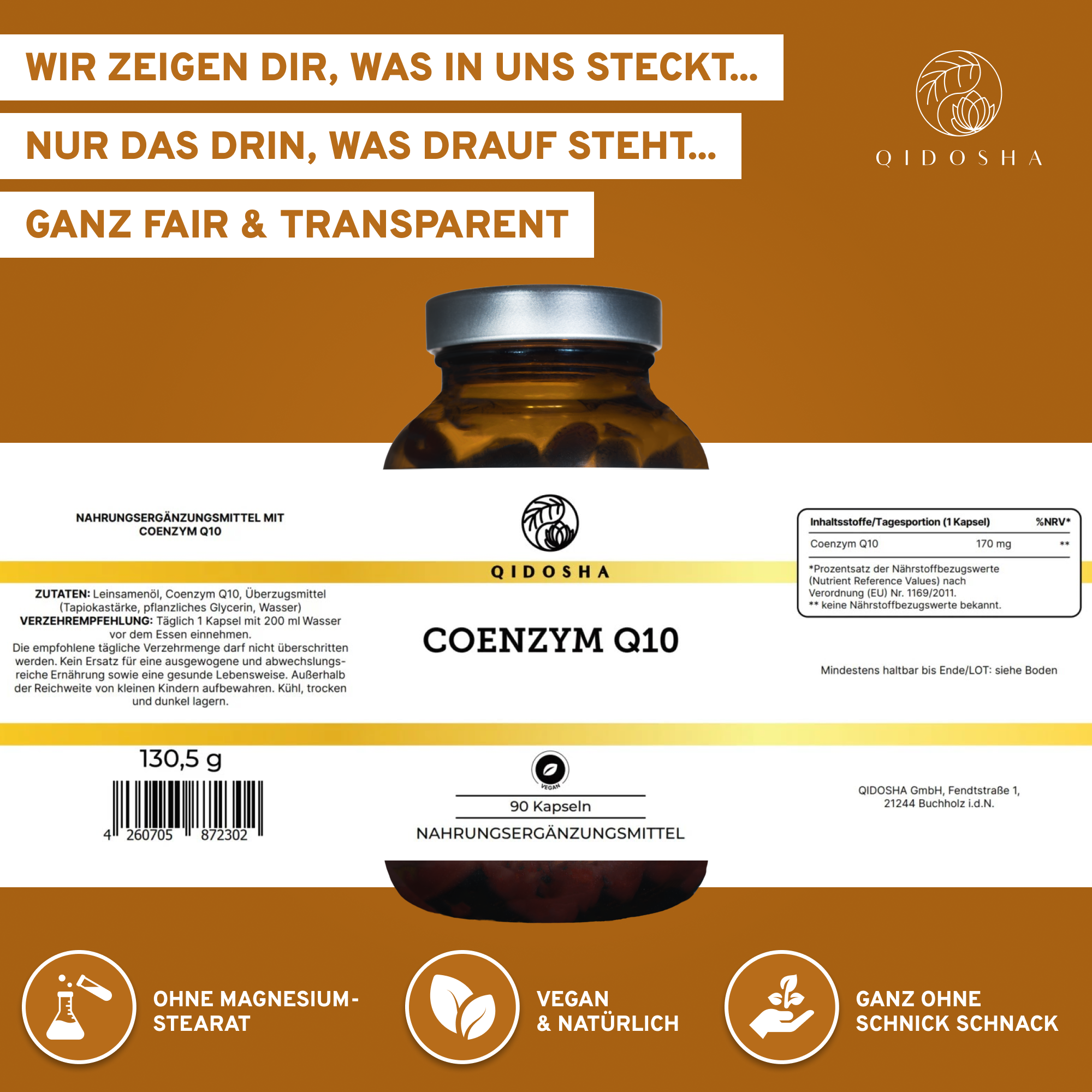 QIDOSHA Coenzym Q10 170mg mit Leinsamenöl, Premium-Softgel-Kapseln, vegan, laborgeprüft, ohne Zusatzstoffe, in nachhaltigem Glasbehälter, für optimale Bioverfügbarkeit und hohe Qualität.