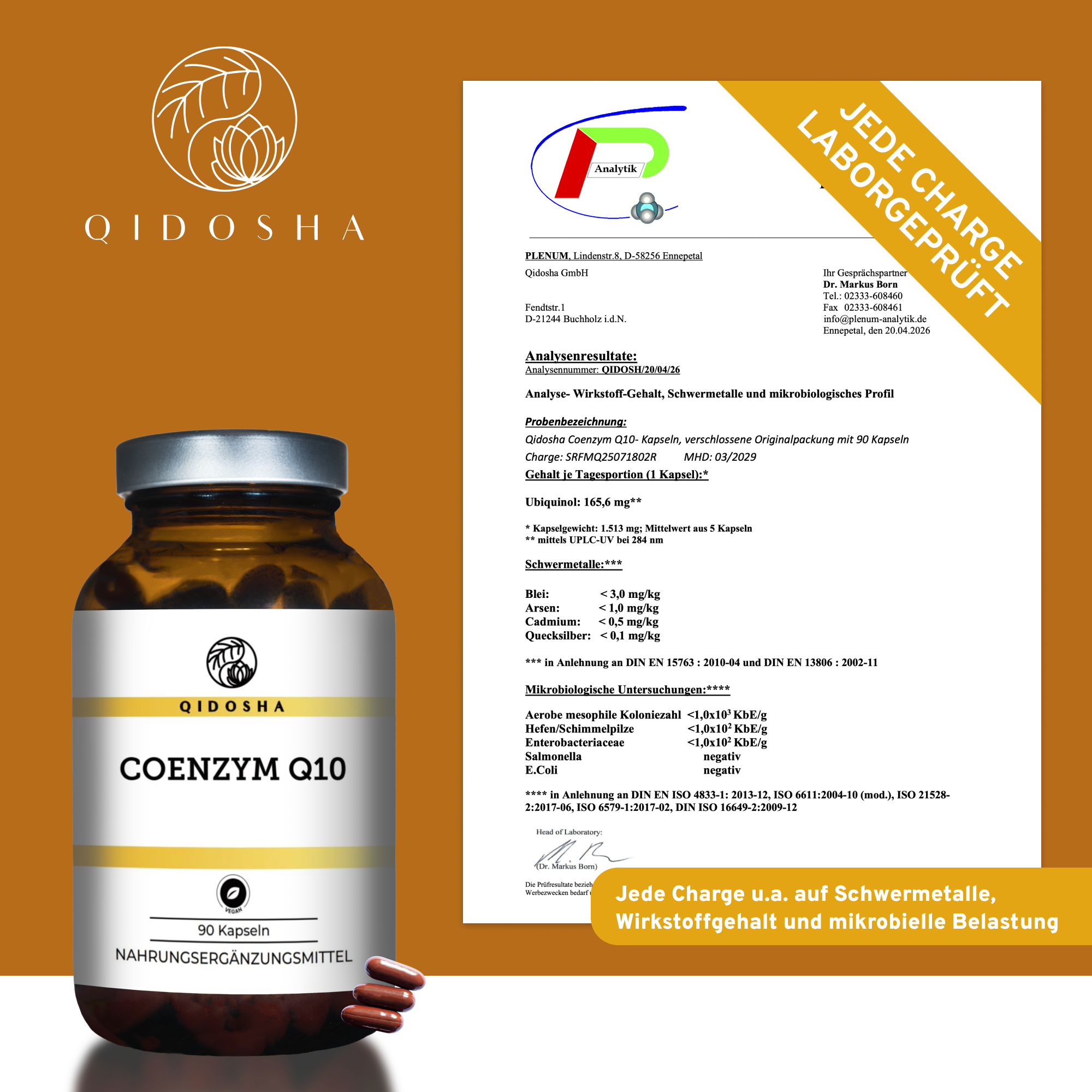 QIDOSHA Coenzym Q10 170mg mit Leinsamenöl Softgel-Kapseln: Premium, laborgeprüft, vegan, ohne Zusatzstoffe, für optimale Bioverfügbarkeit und Energieproduktion. Nachhaltige Glasverpackung, 90 Kapseln.