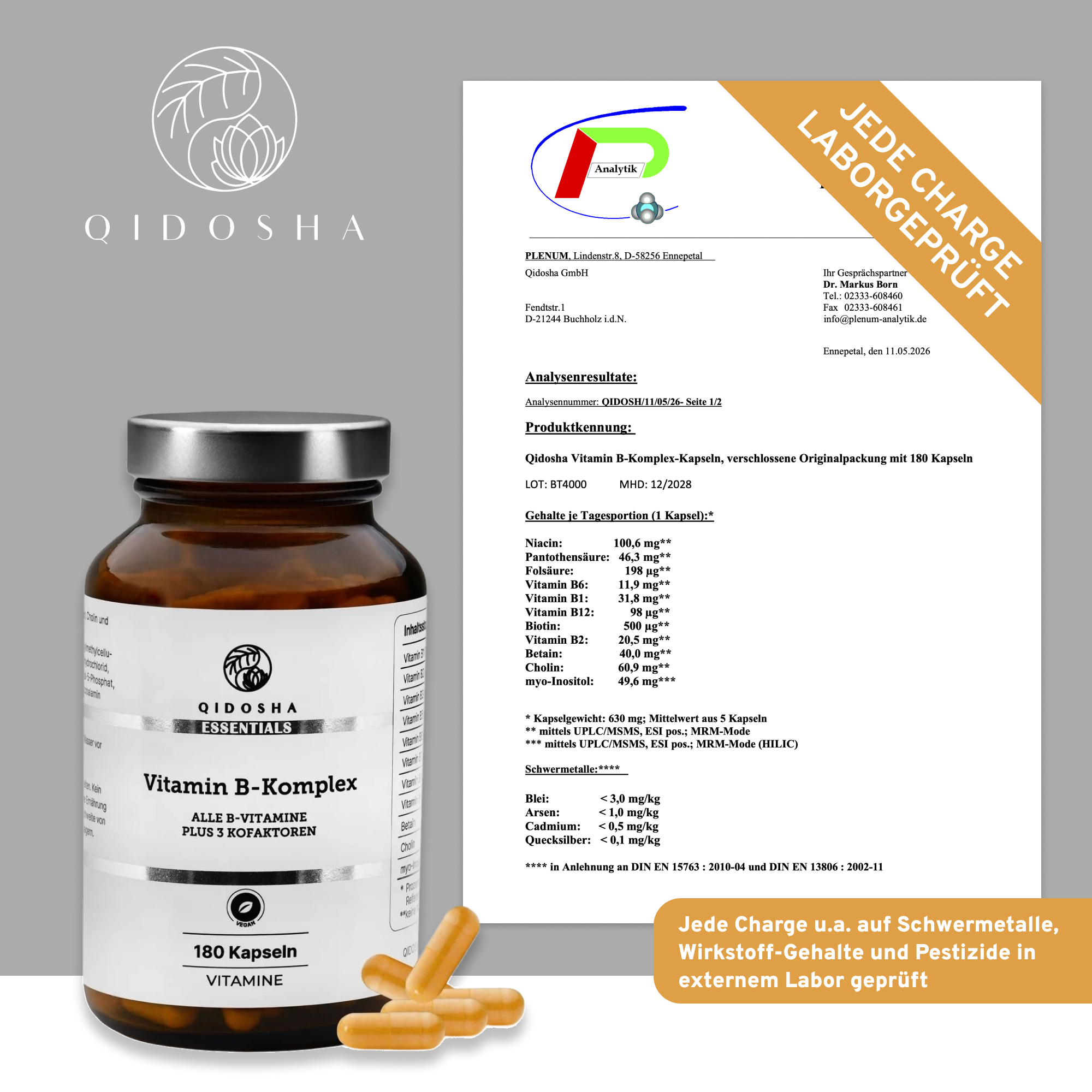Qidosha Essentials Vitamin B Komplex bioaktiv mit Kofaktoren; 180 vegane Kapseln. Premium-Qualität, laborgeprüft, ohne Zusatzstoffe. Amber-Glasflasche mit gescanntem Laborzertifikat.