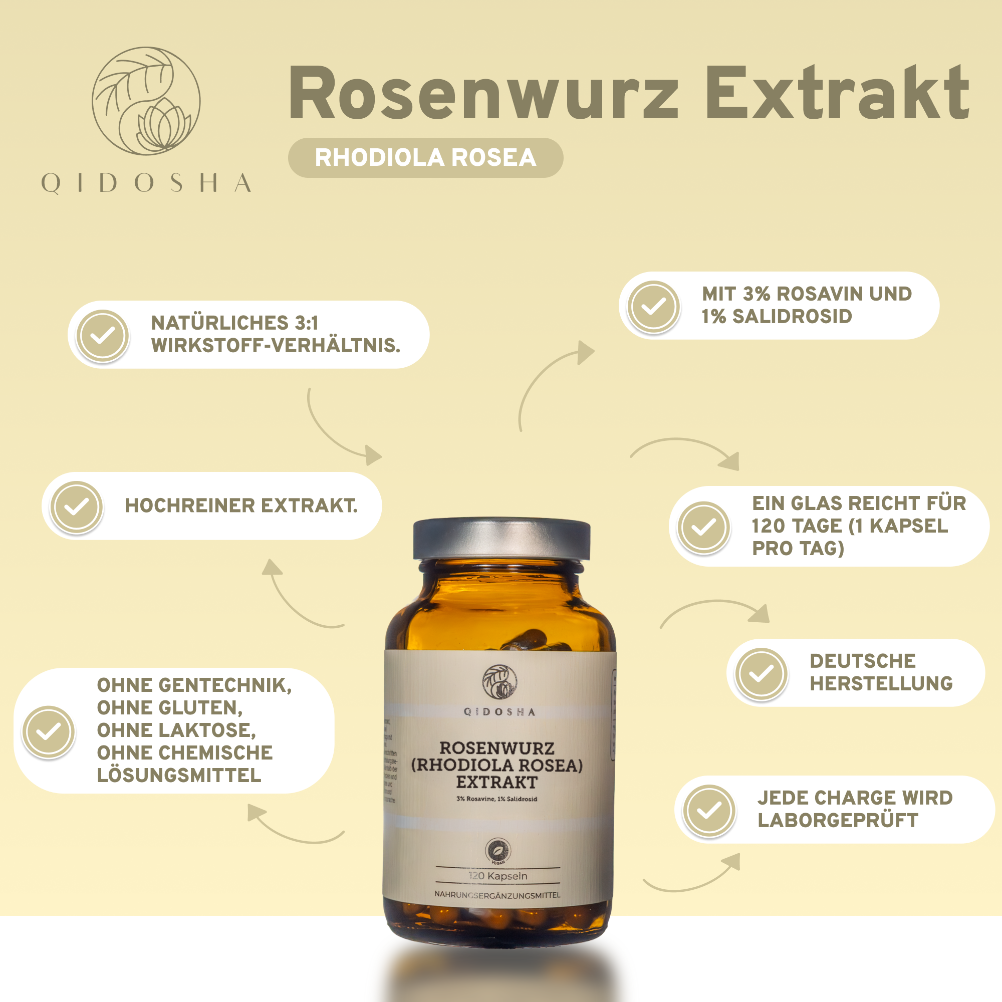Rosenwurz (Rhodiola Rosea) Extrakt Kapseln von QIDOSHA: 120 laborgeprüfte, hochreine Kapseln ohne Füllstoffe, mit garantiertem Wirkstoffgehalt. Premium-Qualität aus deutscher Herstellung.