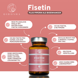 Qidosha Fisetin Plus Piperin: Premium, veganer Nahrungsergänzungsmittel in Glasflasche, laborgeprüft, ohne Füllstoffe, 120 Kapseln, 100 mg Fisetin je Kapsel, deutsche Herstellung.