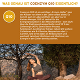 Coenzym Q10 als Ubiquinol von KANEKA®, hochwertiges Nahrungsergänzungsmittel, fördert Energieproduktion, ohne Zusatzstoffe, in laborgeprüfter Qualität, präsentiert neben entspannter Frau in Naturkulisse.