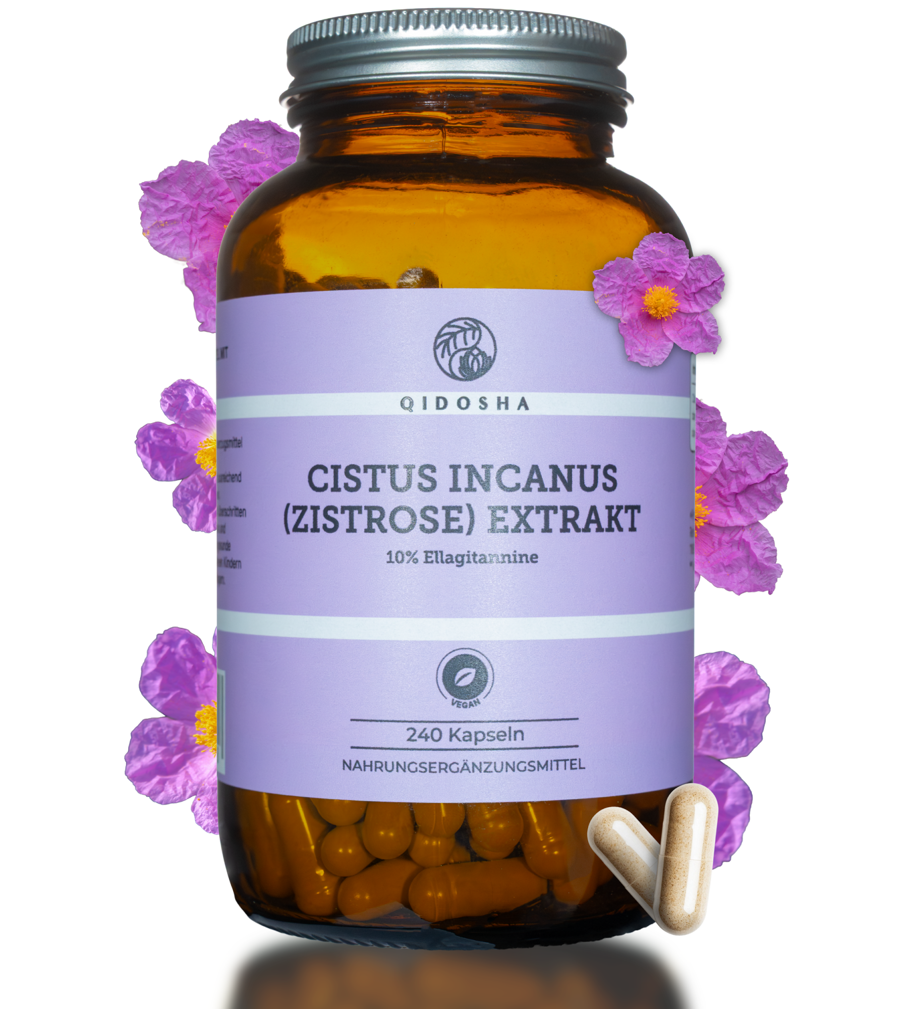 Qidosha Cistus Incanus Extrakt: Premium-Nahrungsergänzungsmittel in einem Apothekerglas mit 240 veganen Kapseln, standardisiert auf 10% Ellagitannine, umgeben von Cistus-Blüten.