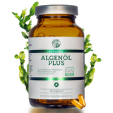 Braunglasdose mit QIDOSHA Algenöl Plus: Omega 3 aus veganer Quelle mit Vitaminen D & K, 90 Kapseln. Premium, hohe Qualität, laborgeprüfte Reinheit, ohne Zusatzstoffe.