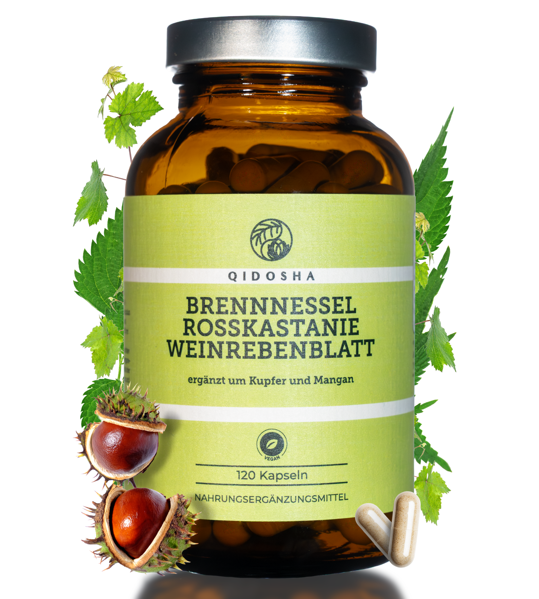 QIDOSHA Premium-Glas mit 120 veganen Kapseln: Brennnessel, Rosskastanie, Weinrebenblatt, ergänzt mit Kupfer und Mangan, ohne Zusatzstoffe, laborgeprüfte Qualität, ab Januar 2026 verfügbar.