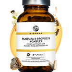 Propolis & Manuka Komplex mit Flavoxale®, Premium-Nahrungsergänzungsmittel mit Propolis-Extrakt, Manuka-Honig MGO100+ und Manuka-Öl, im braunen Glas mit silbernem Deckel.