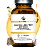 Propolis & Manuka Komplex mit Flavoxale®, Premium-Nahrungsergänzungsmittel mit Propolis-Extrakt, Manuka-Honig MGO100+ und Manuka-Öl, im braunen Glas mit silbernem Deckel.