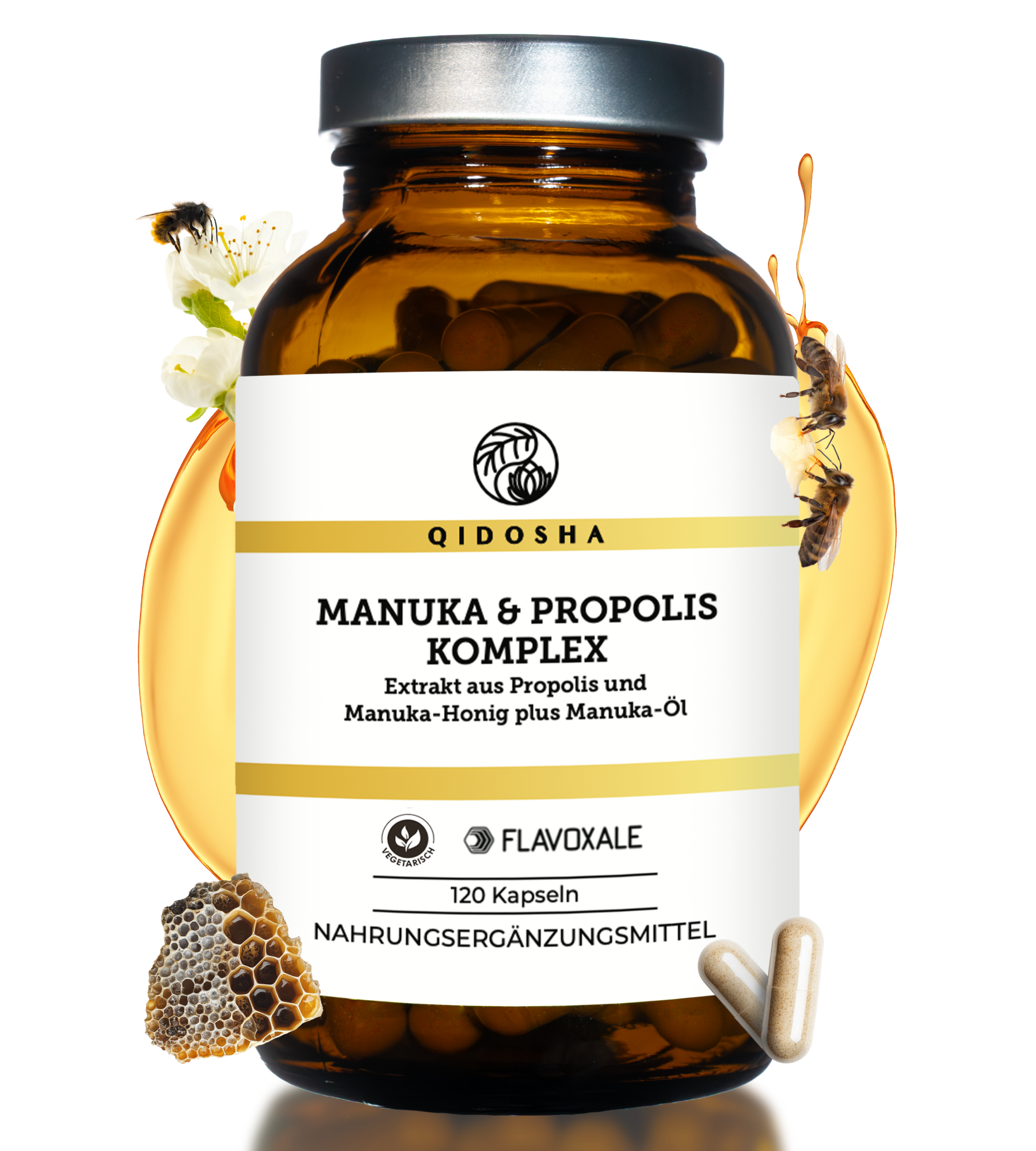 Propolis & Manuka Komplex mit Flavoxale®, Premium-Nahrungsergänzungsmittel mit Propolis-Extrakt, Manuka-Honig MGO100+ und Manuka-Öl, im braunen Glas mit silbernem Deckel.