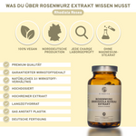 Rosenwurz (Rhodiola Rosea) Extrakt Kapseln von QIDOSHA: Premium, vegan, laborgeprüft, ohne Zusatzstoffe, in Glasverpackung, hergestellt in Norddeutschland.