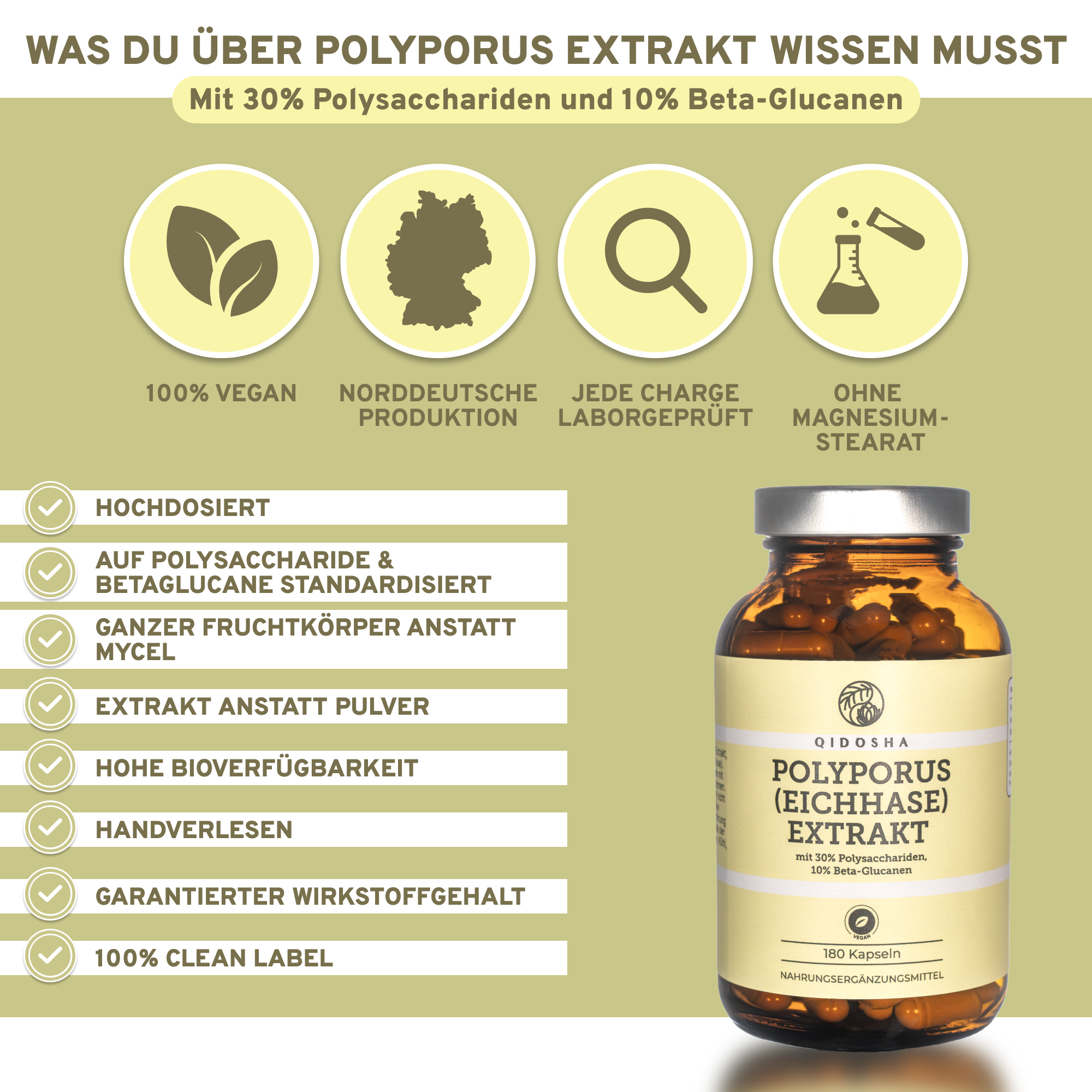 Polyporus (Eichhase) Extrakt von Qidosha: Hochdosierte, laborgeprüfte Premium-Kapseln mit 30% Polysacchariden, ohne Zusatzstoffe, in nachhaltigem Braunglas, 100% vegan.