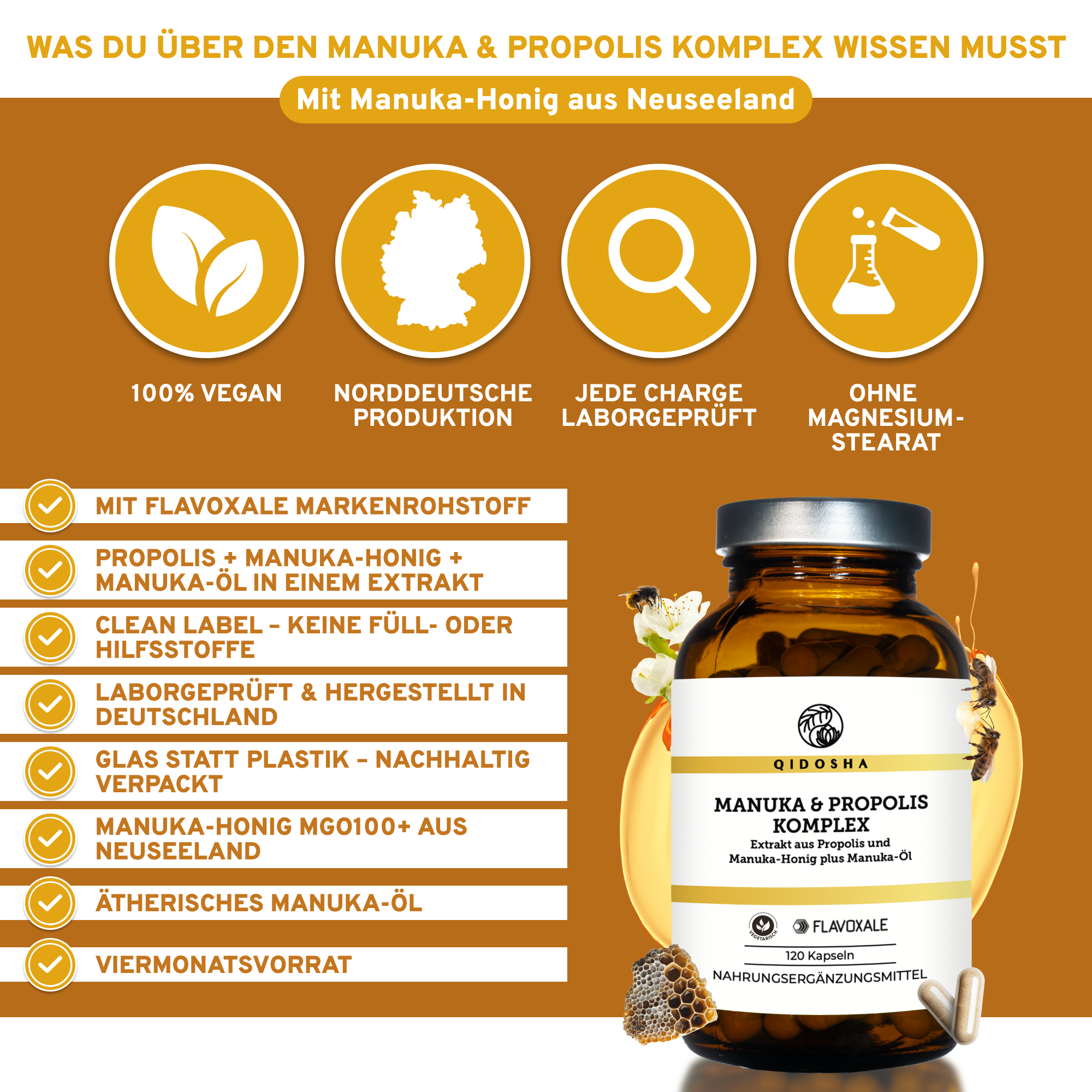 Propolis & Manuka Komplex mit Flavoxale®: Premium Nahrungsergänzungsmittel, 120 Kapseln, vegan, laborgeprüft, ohne Füllstoffe, nachhaltige Glasverpackung, hergestellt in Deutschland.