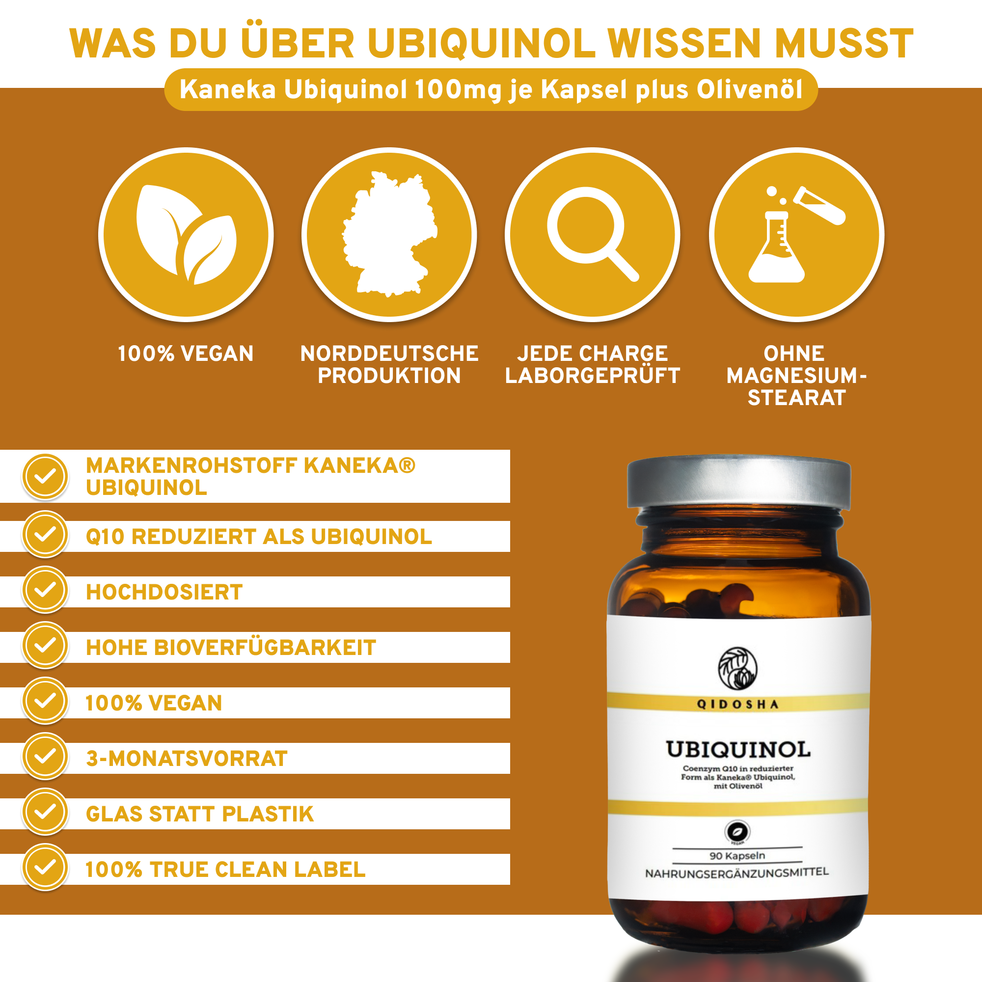 Coenzym Q10 als Ubiquinol mit dem Markenrohstoff von KANEKA®, 100 mg pro Kapsel, vegan, laborgeprüft, Glasverpackung, ohne Zusatzstoffe, hohe Bioverfügbarkeit, Premium-Qualität.