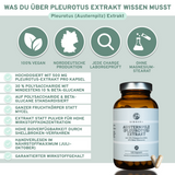 Austernpilz (Pleurotus) Extrakt: Premium-Qualität, 500 mg pro Kapsel, 30% Polysaccharide, 10% Beta-Glucane, 100% vegan, laborgeprüft, ohne Zusatzstoffe, in Glasflasche.