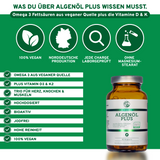 Algenöl Plus: Omega 3 Fettsäuren aus veganer Quelle mit Vitaminen D & K, 100% vegan, laborgeprüft, ohne Füllstoffe, in Premium-Glasflasche.