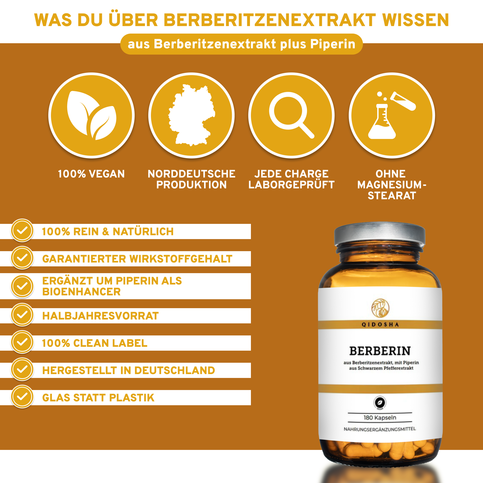 Berberin aus Berberitzenextrakt plus Piperin als Bioenhancer: Premium, labortestierte Qualität, 180 vegane Kapseln, ohne Füllstoffe, in Glasverpackung, hergestellt in Deutschland.