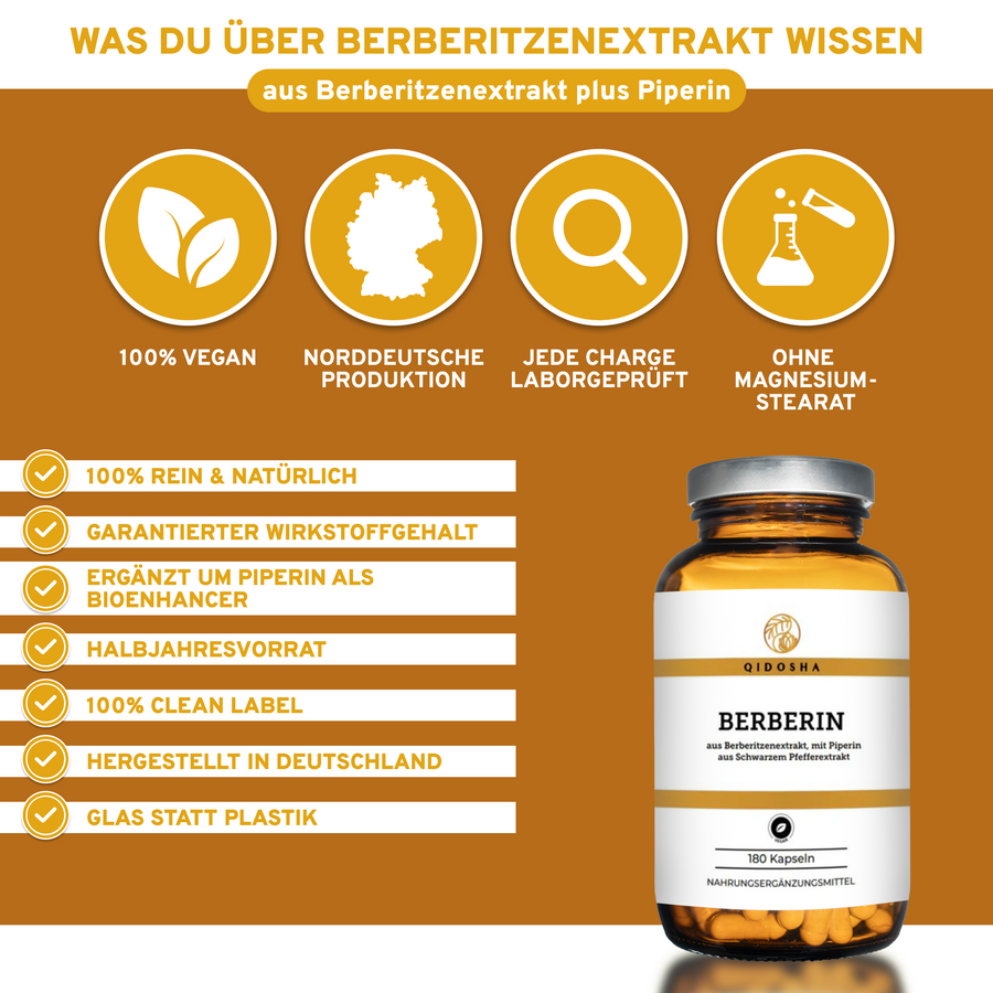 Berberin aus Berberitzenextrakt plus Piperin als Bioenhancer: Premium, labortestierte Qualität, 180 vegane Kapseln, ohne Füllstoffe, in Glasverpackung, hergestellt in Deutschland.