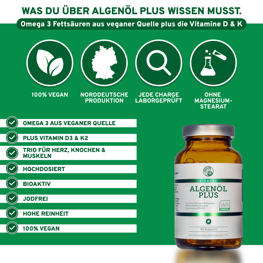 Algenöl Plus: Premium veganes Nahrungsergänzungsmittel mit Omega-3-Fettsäuren, Vitaminen D & K, laborgeprüft, ohne Zusatzstoffe, für Herz, Knochen und Muskeln.