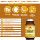 QIDOSHA Vitamin B12 Komplex Tabletten: Hochdosierte, 100% vegane, laborgeprüfte Premium-Tabletten aus Norddeutschland, ohne Magnesiumstearat, mit Methyl-, Adenosyl- und Hydroxocobalamin in Glasverpackung.