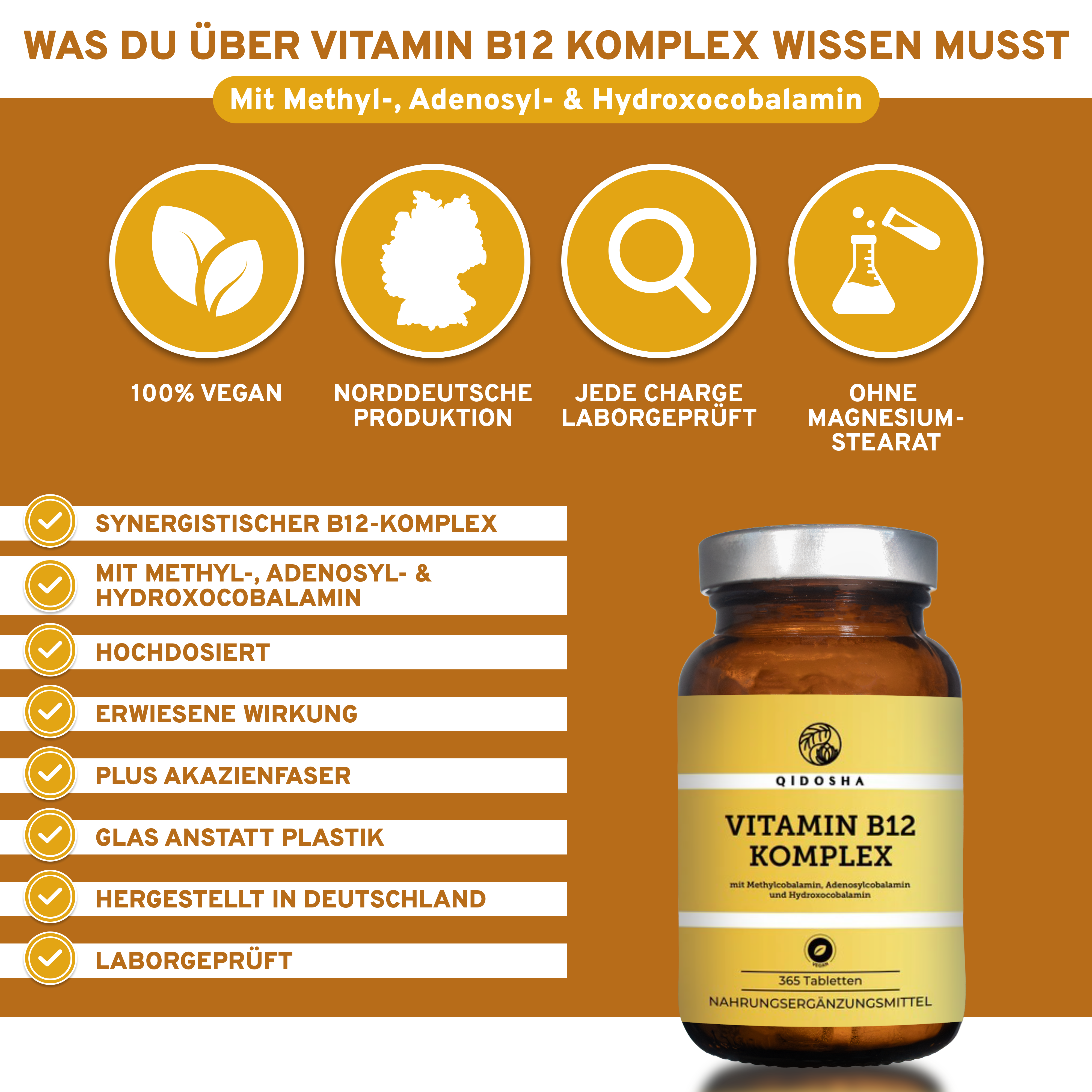 QIDOSHA Vitamin B12 Komplex Tabletten: Hochdosierte, 100% vegane, laborgeprüfte Premium-Tabletten aus Norddeutschland, ohne Magnesiumstearat, mit Methyl-, Adenosyl- und Hydroxocobalamin in Glasverpackung.