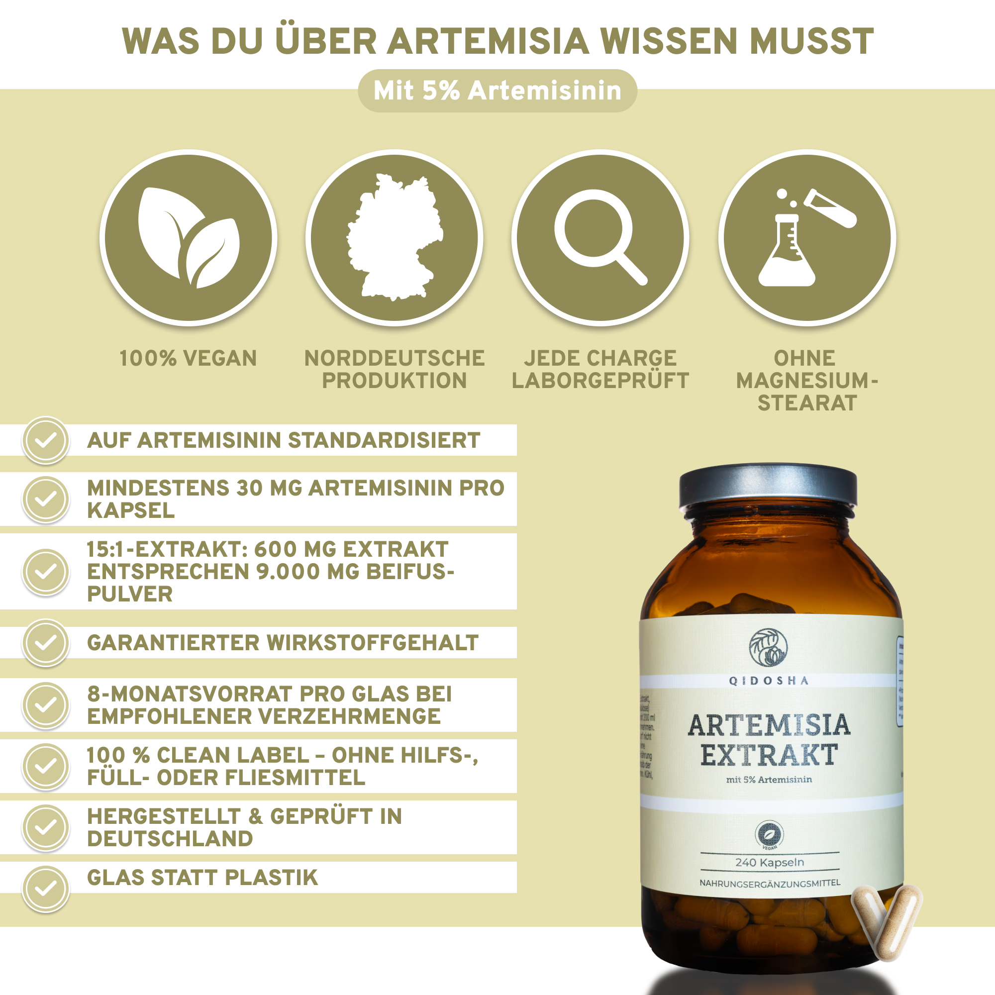Artemisia (Beifuß) Extrakt von QIDOSHA: Premium-Nahrungsergänzungsmittel, 240 Kapseln, 5% Artemisinin, vegan, laborgeprüft, ohne Füllstoffe, in nachhaltigem Glas, hergestellt in Deutschland.