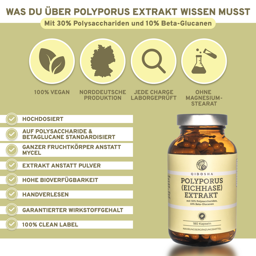 Polyporus (Eichhase) Extrakt Kapseln in Premium-Qualität, vegan, laborgeprüft, ohne Zusatzstoffe, hohe Bioverfügbarkeit, in nachhaltigem Glas, hergestellt in Deutschland.